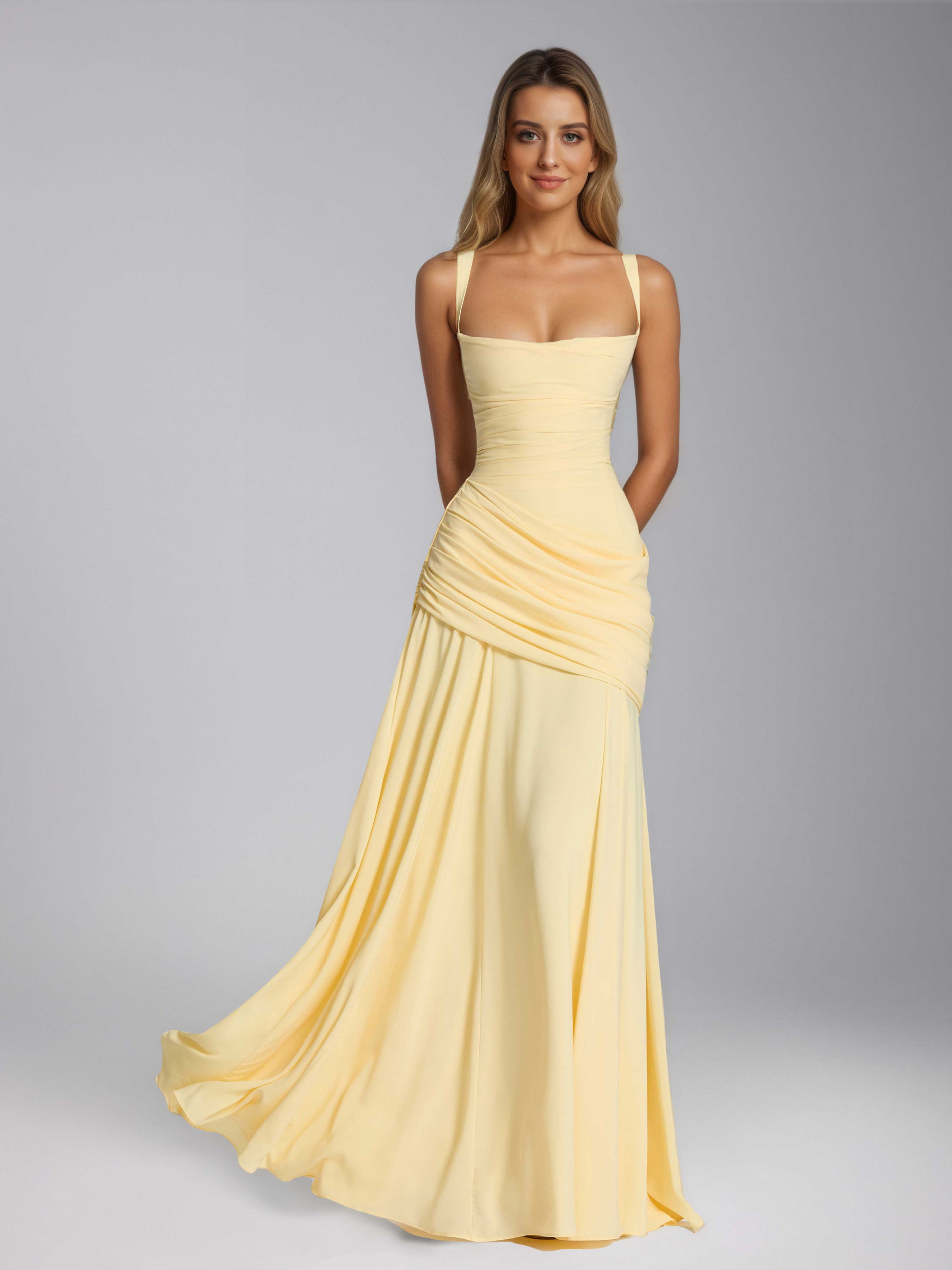 Helytharae Stylish Spaghetti Straps Ruched Long Chiffon Prom Dresses, As Picture