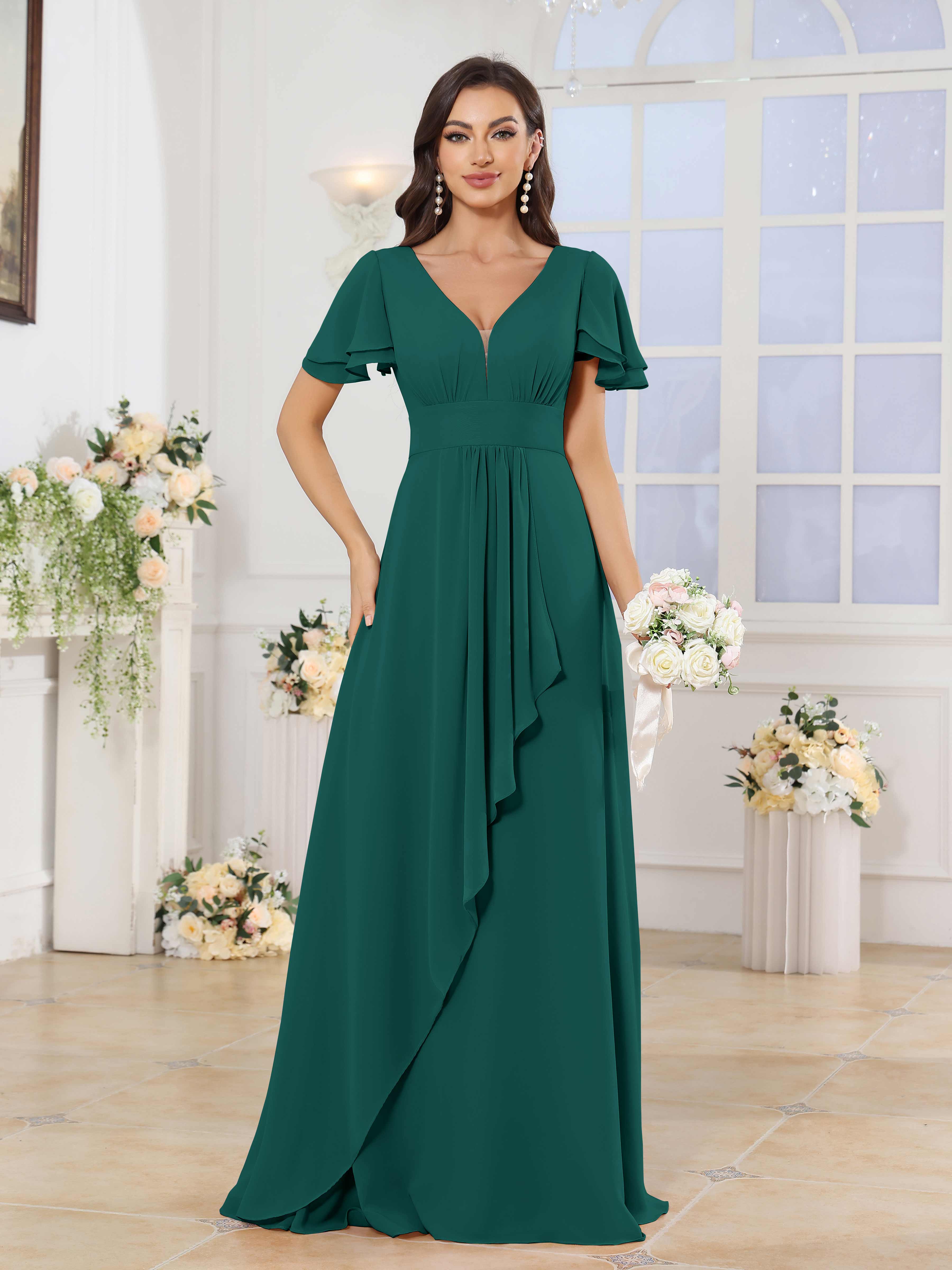 Aubrie Elegant A-Line Short Sleeves Long Chiffon Bridesmaid Dresses