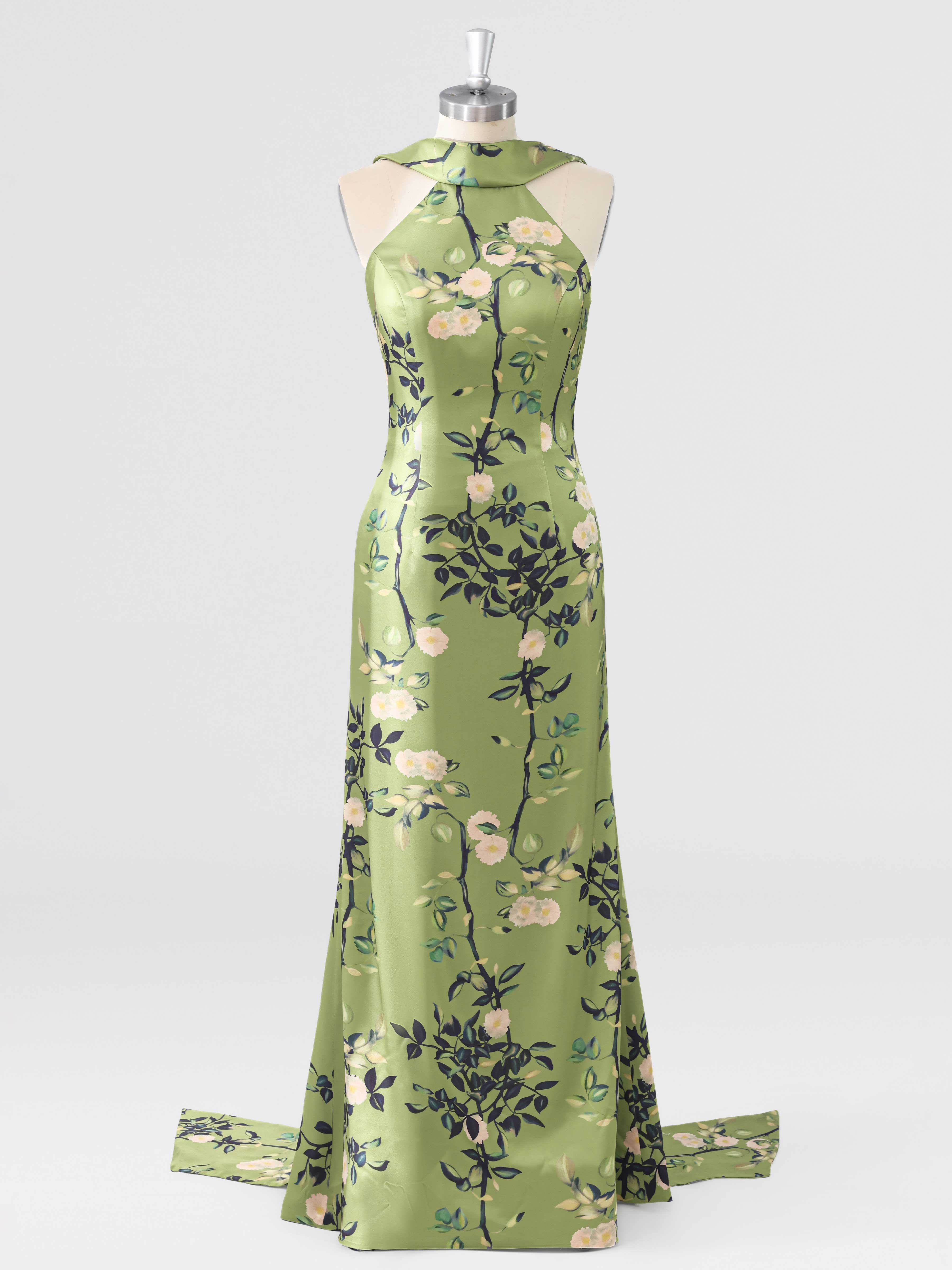 Auralie Elegant Floral Satin Halter Neck Mother of the Bride Dress with Bow Back