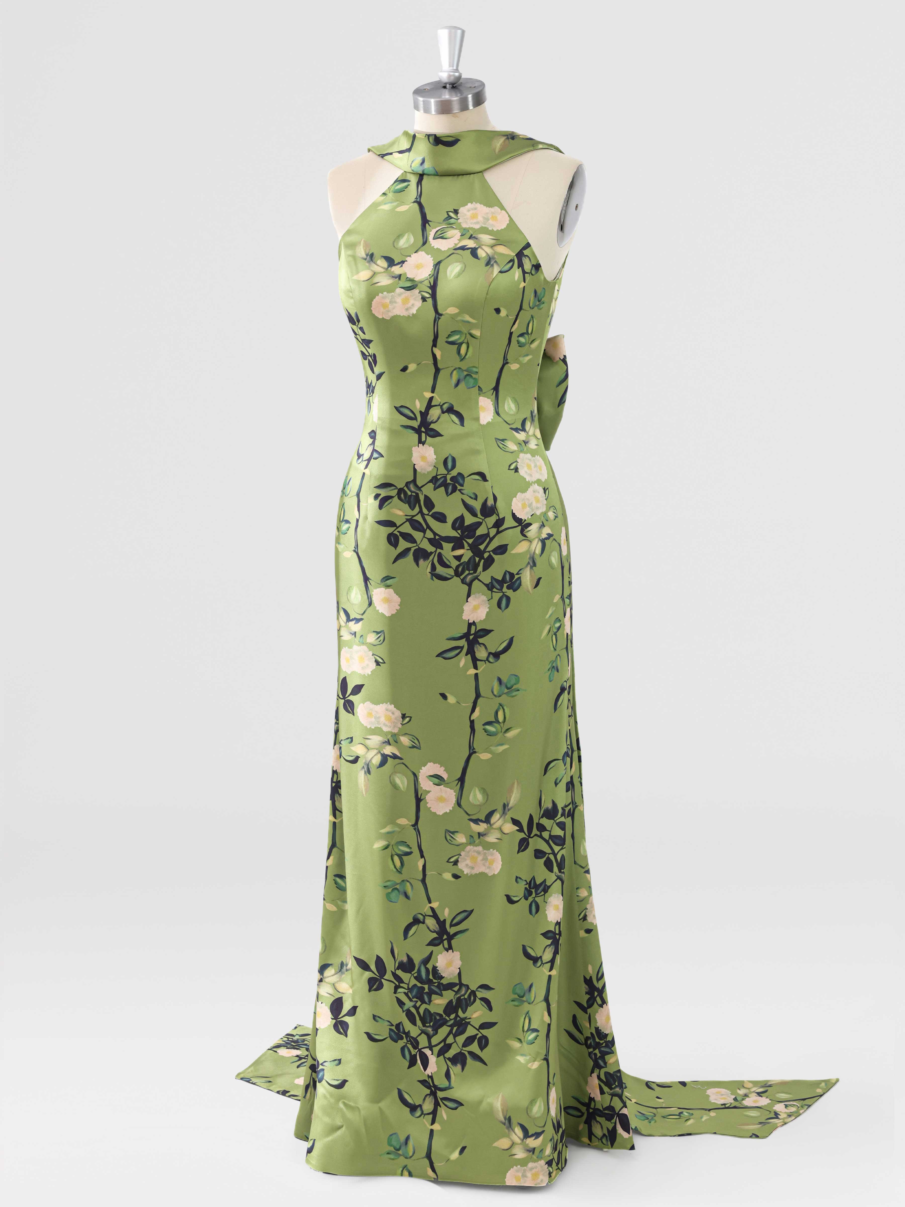 Auralie Elegant Floral Satin Halter Neck Mother of the Bride Dress with Bow Back
