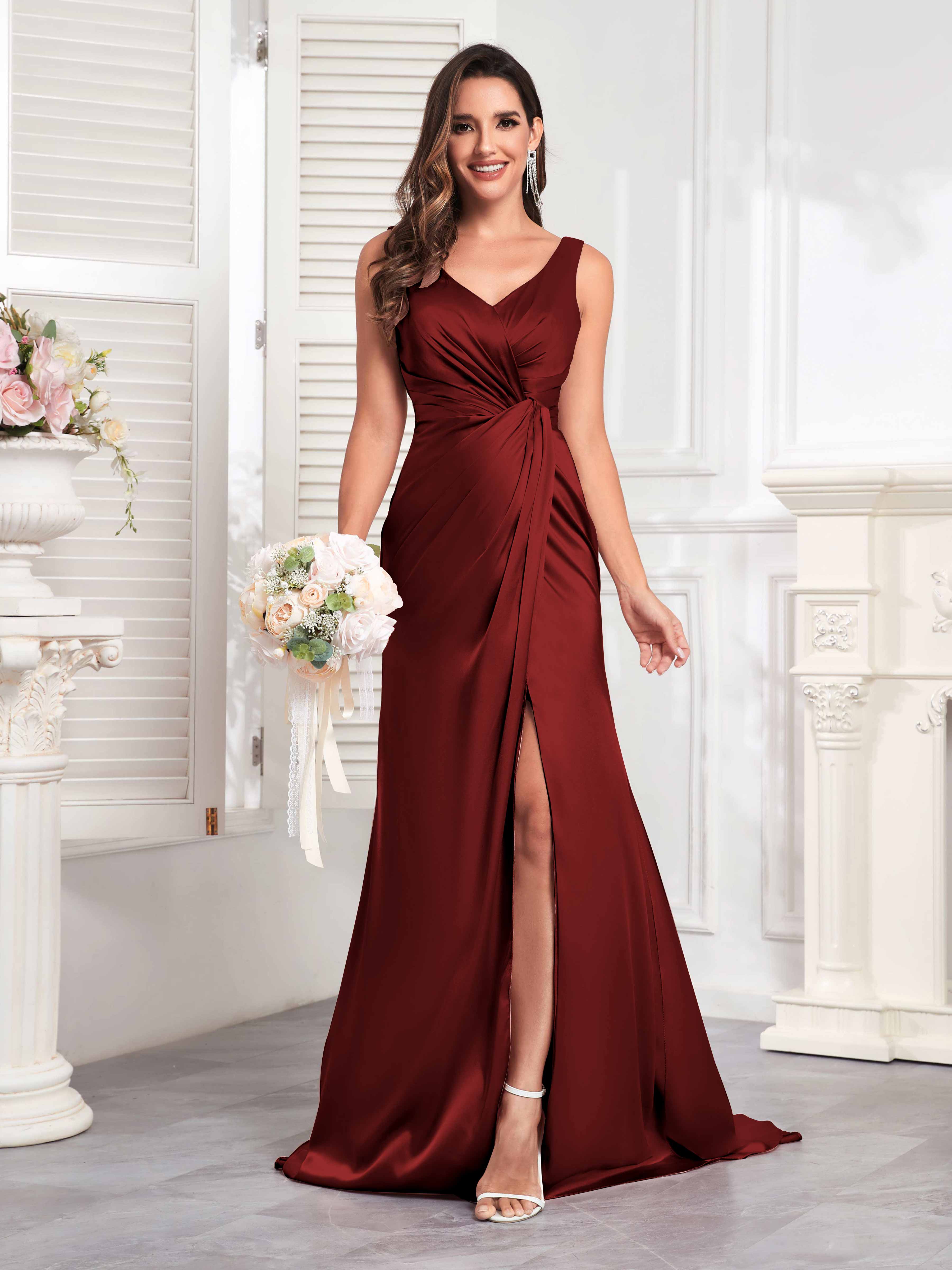 Avianna Dreamy V Neck Sleeveless Ruched Satin Formal Dresses, Burgundy Avianna Dreamy V Neck Sleeveless Ruched Satin Formal Dresses, Burgundy
