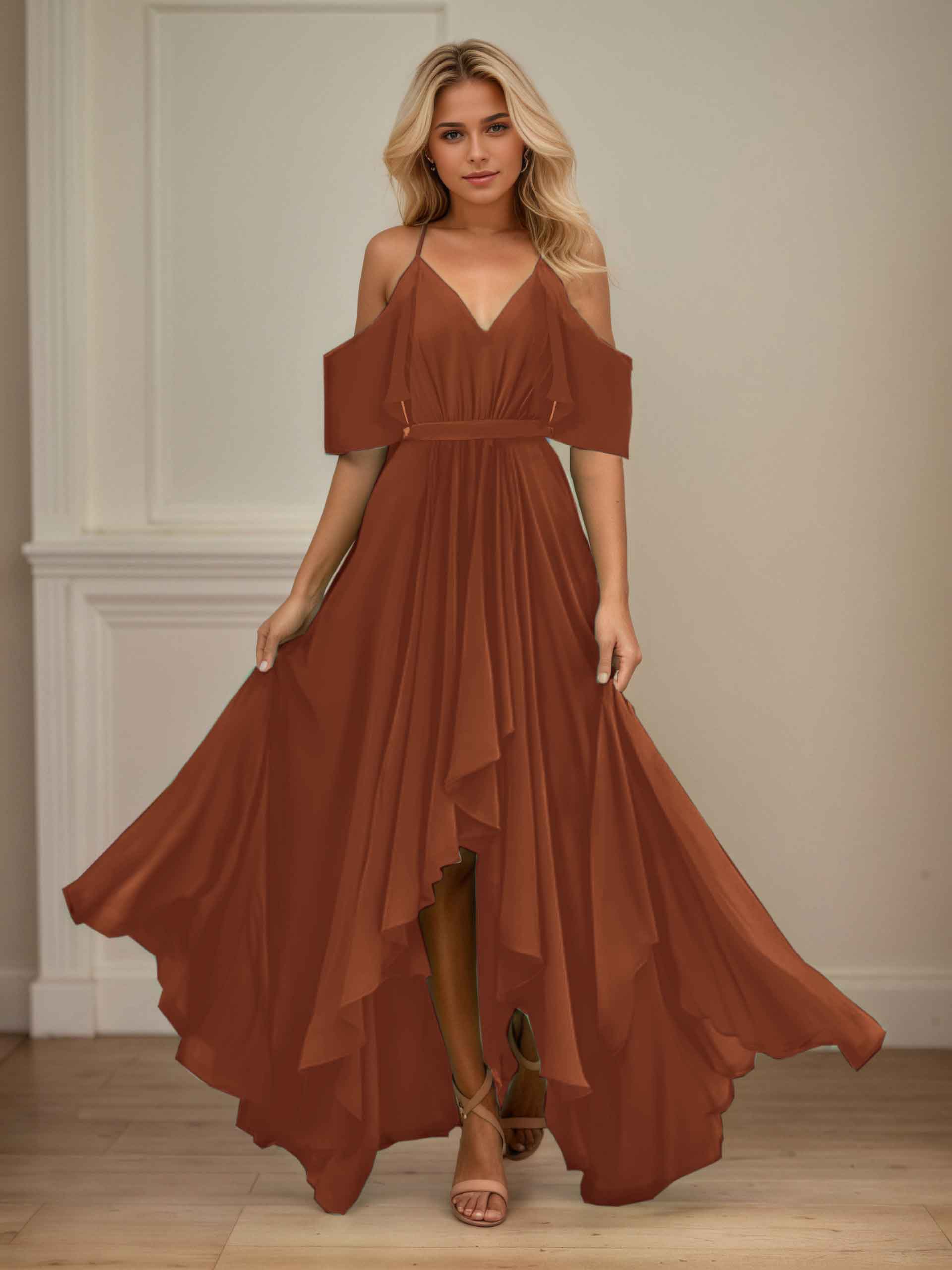 Baylee V Neck Ruched High Low Chiffon Bridesmaid Dresses with Draped Sleeves, Burnt Orange Baylee V Neck Ruched High Low Chiffon Bridesmaid Dresses with Draped Sleeves, Burnt Orange