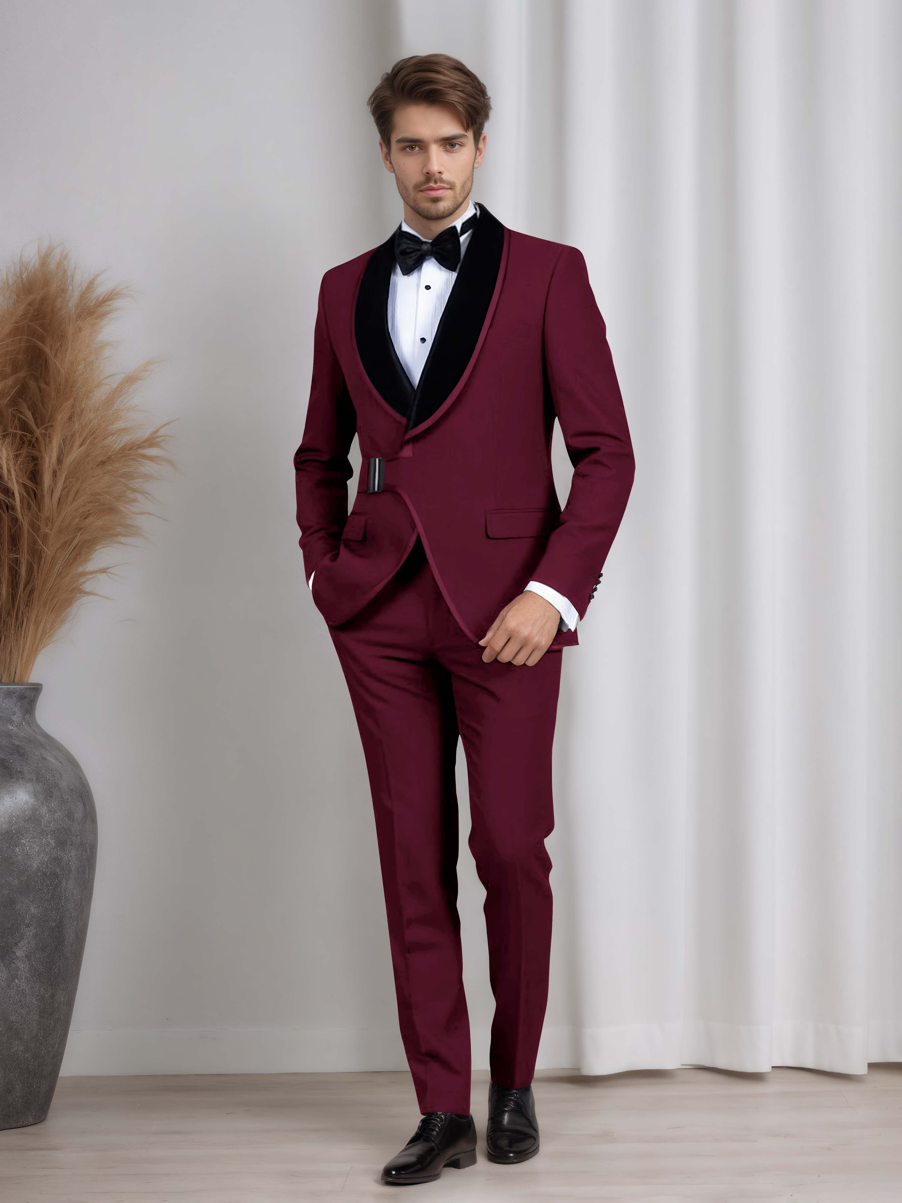 Belted Shawl Lapel Men's 2 Pieces Suit for Wedding & Evening Events
