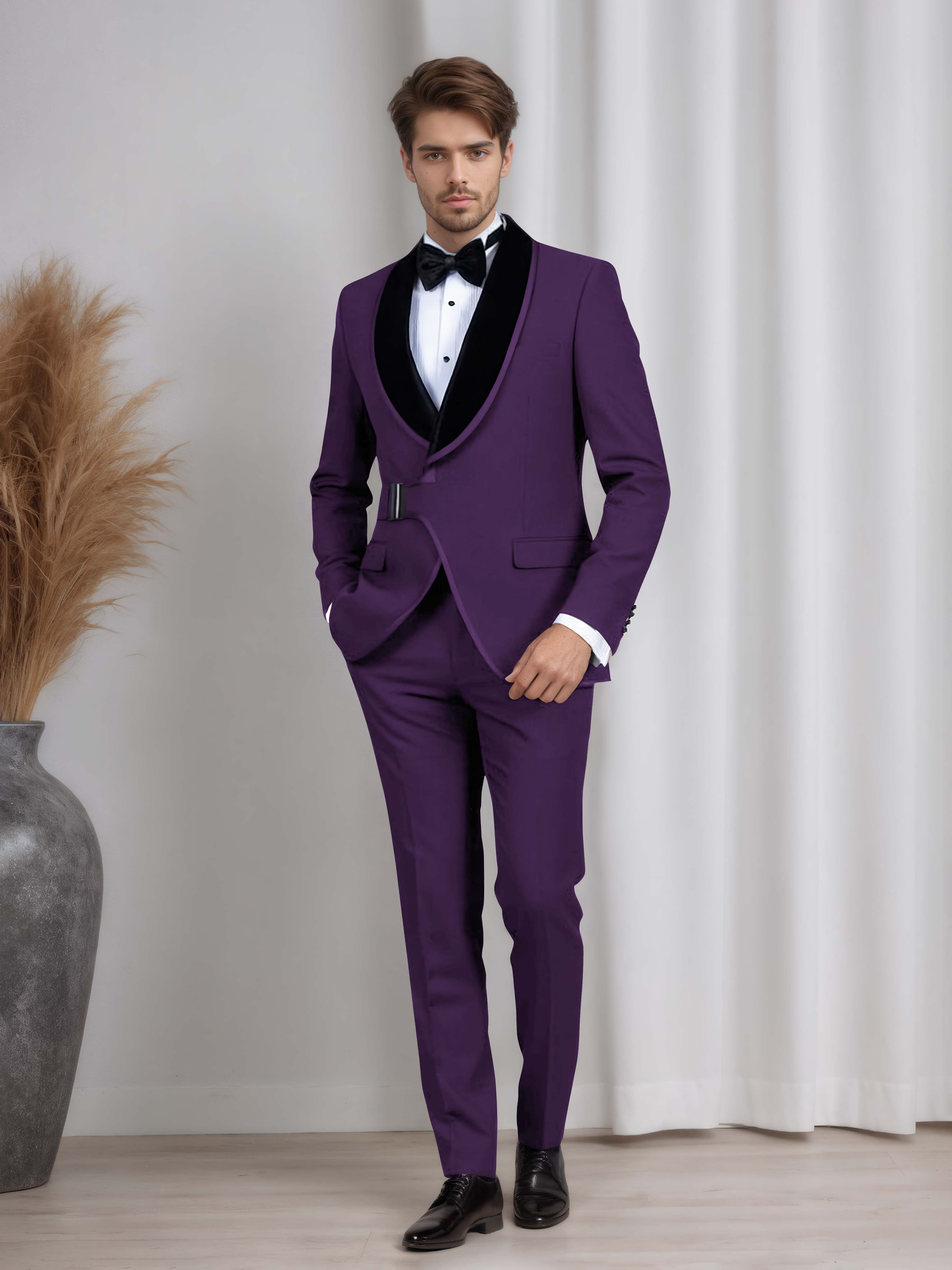 Belted Shawl Lapel Men's 2 Pieces Suit for Wedding & Evening Events