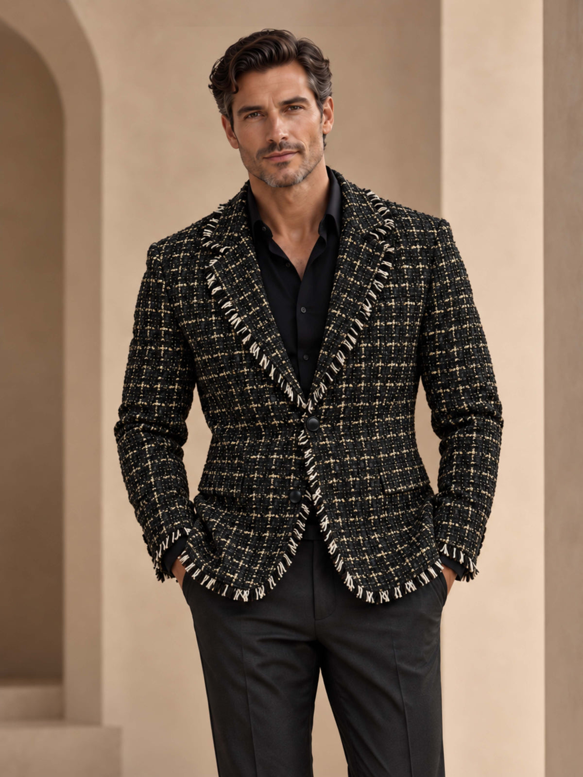 Men's Plaid Tweed 2-Piece Suit with Fringe Trim Blazer & Pants