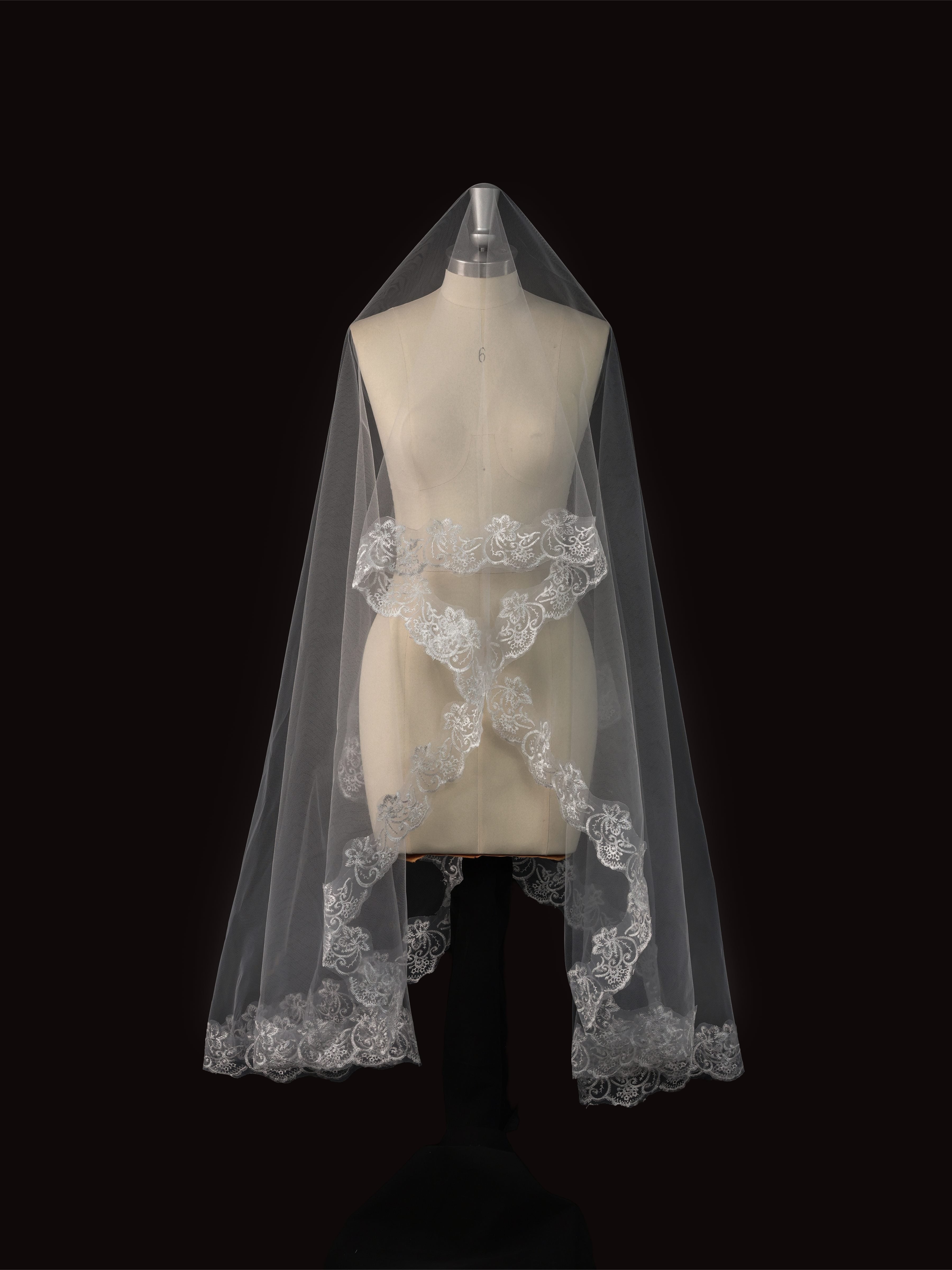 Black Lace Bridal Veil with Floral Edge