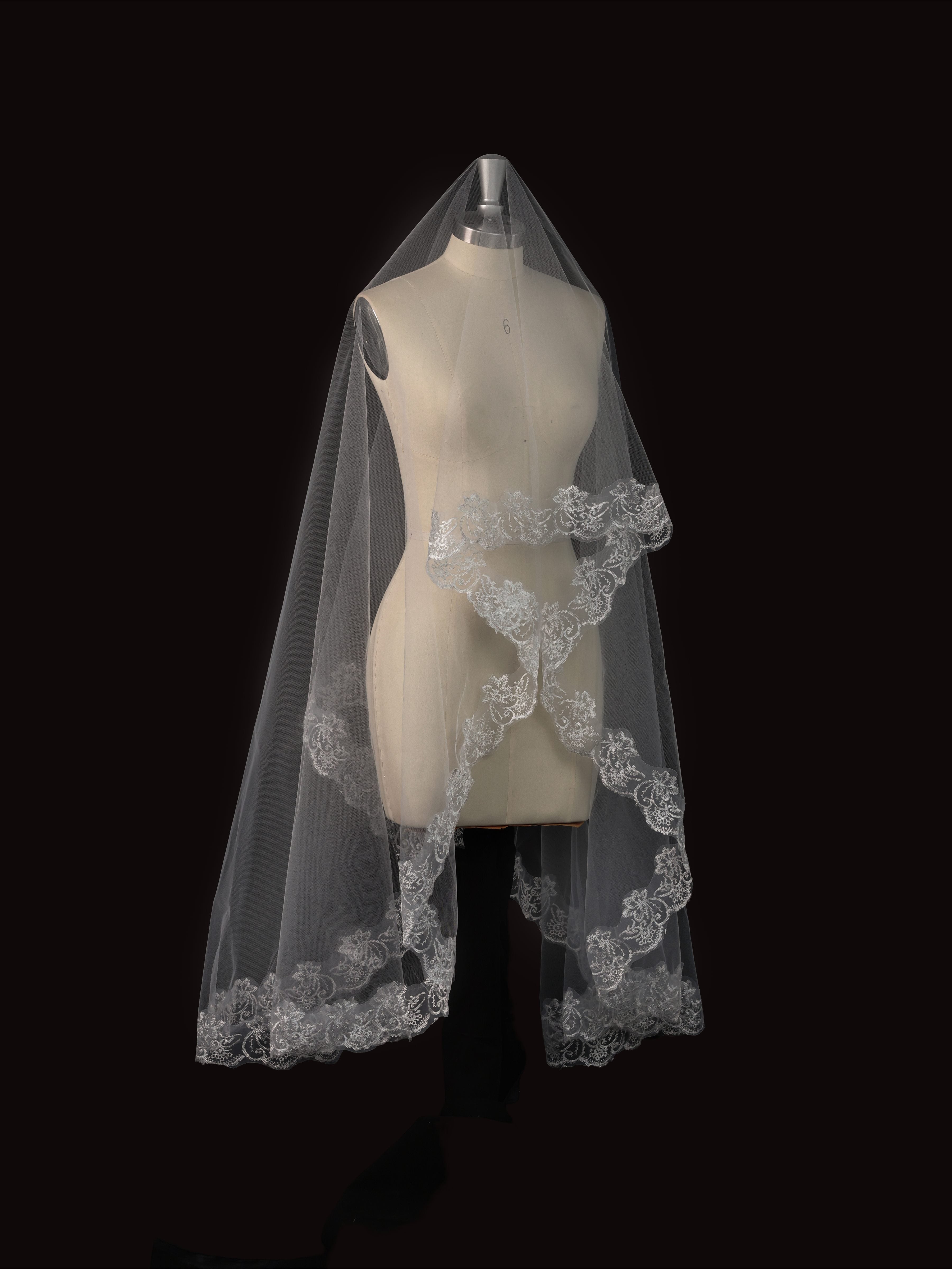 Black Lace Bridal Veil with Floral Edge