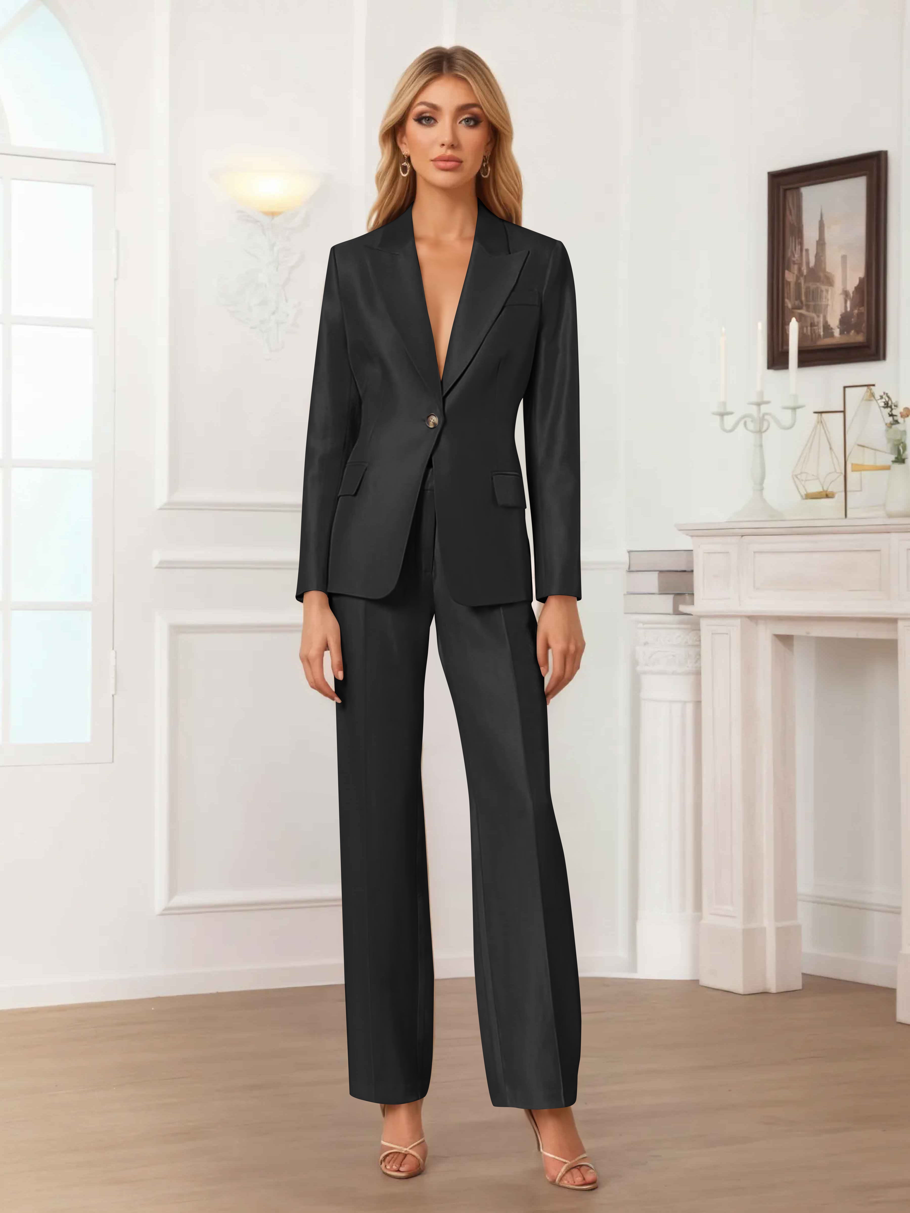 Women's 2 Pieces Peak Lapel One-Button Satin Formal Suit Set