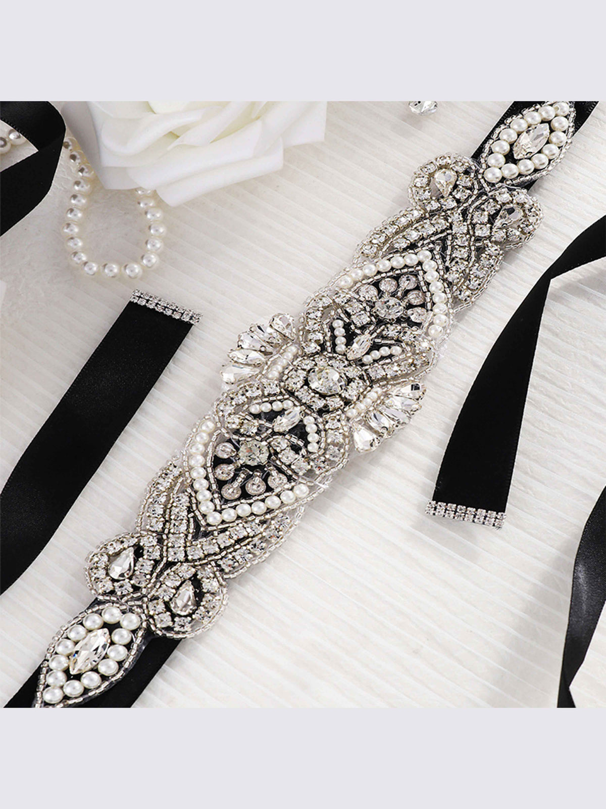 Vintage Crystal Pearl Waistband, Luxurious Ribbon Sash Belt