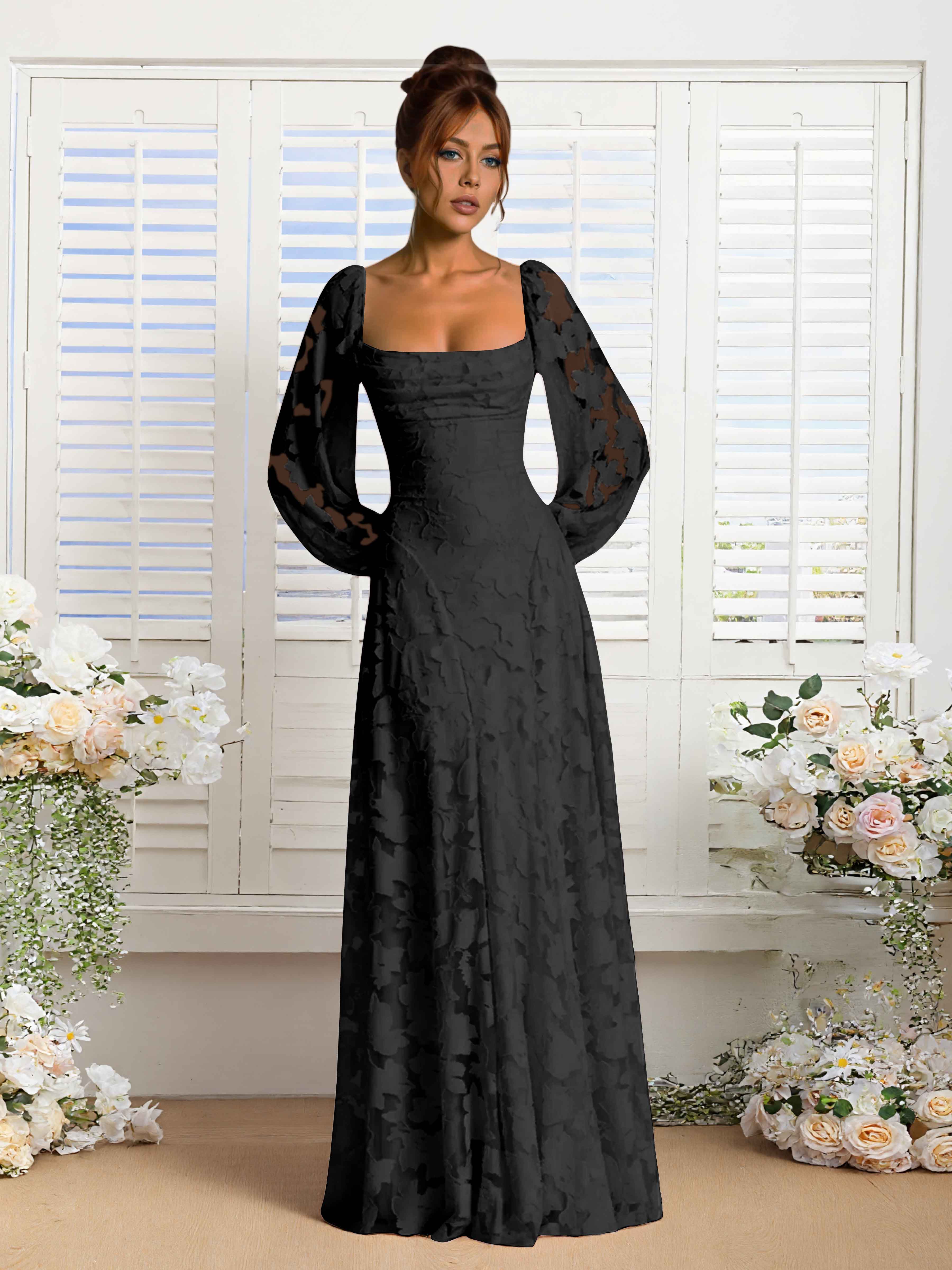 Xandra A-Line Long Sleeves Floor Length Floral Lace Formal Dresses