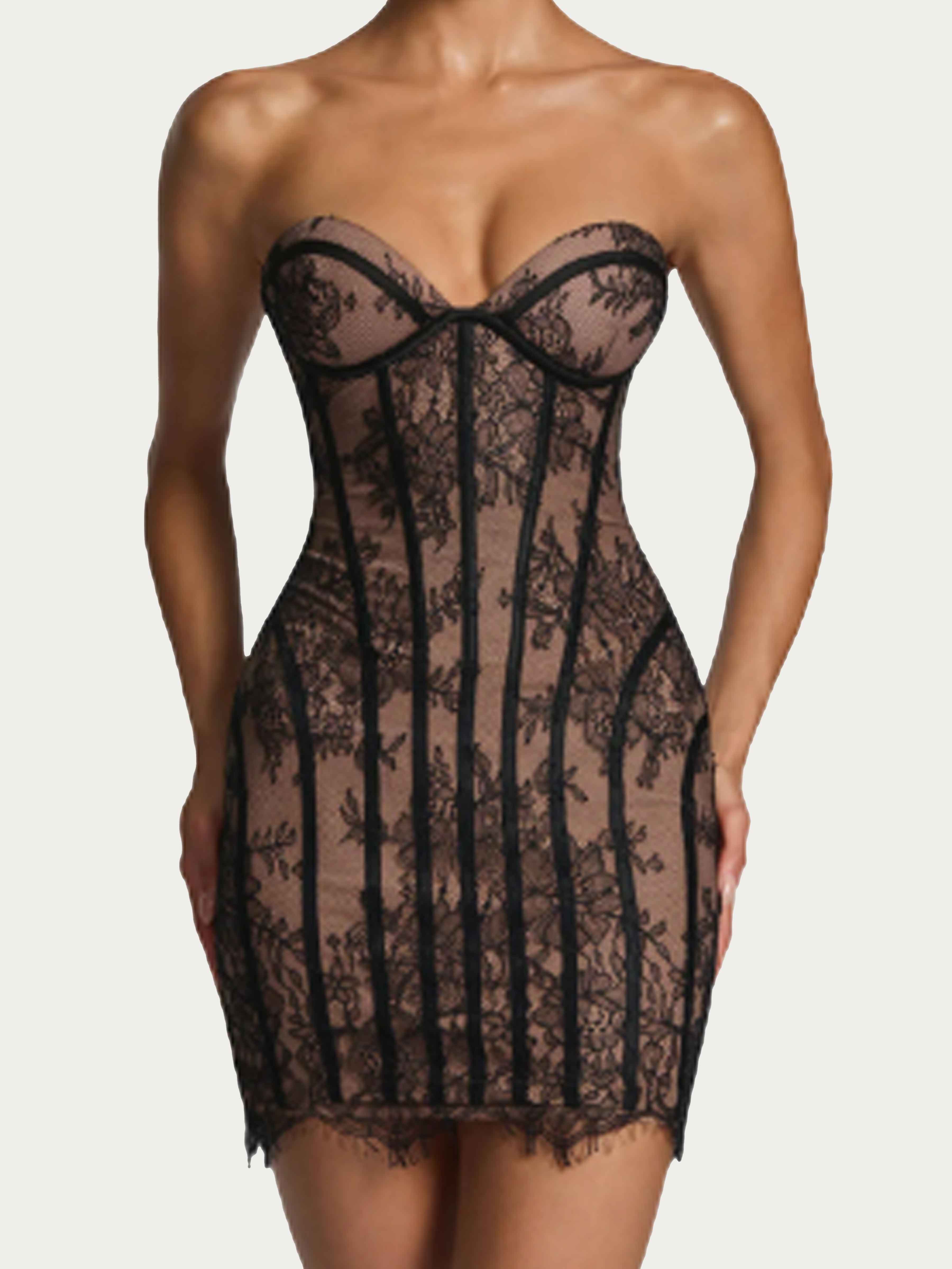 Saelithara Stylish Strapless Floral Lace Contrast Mini Party Dresses