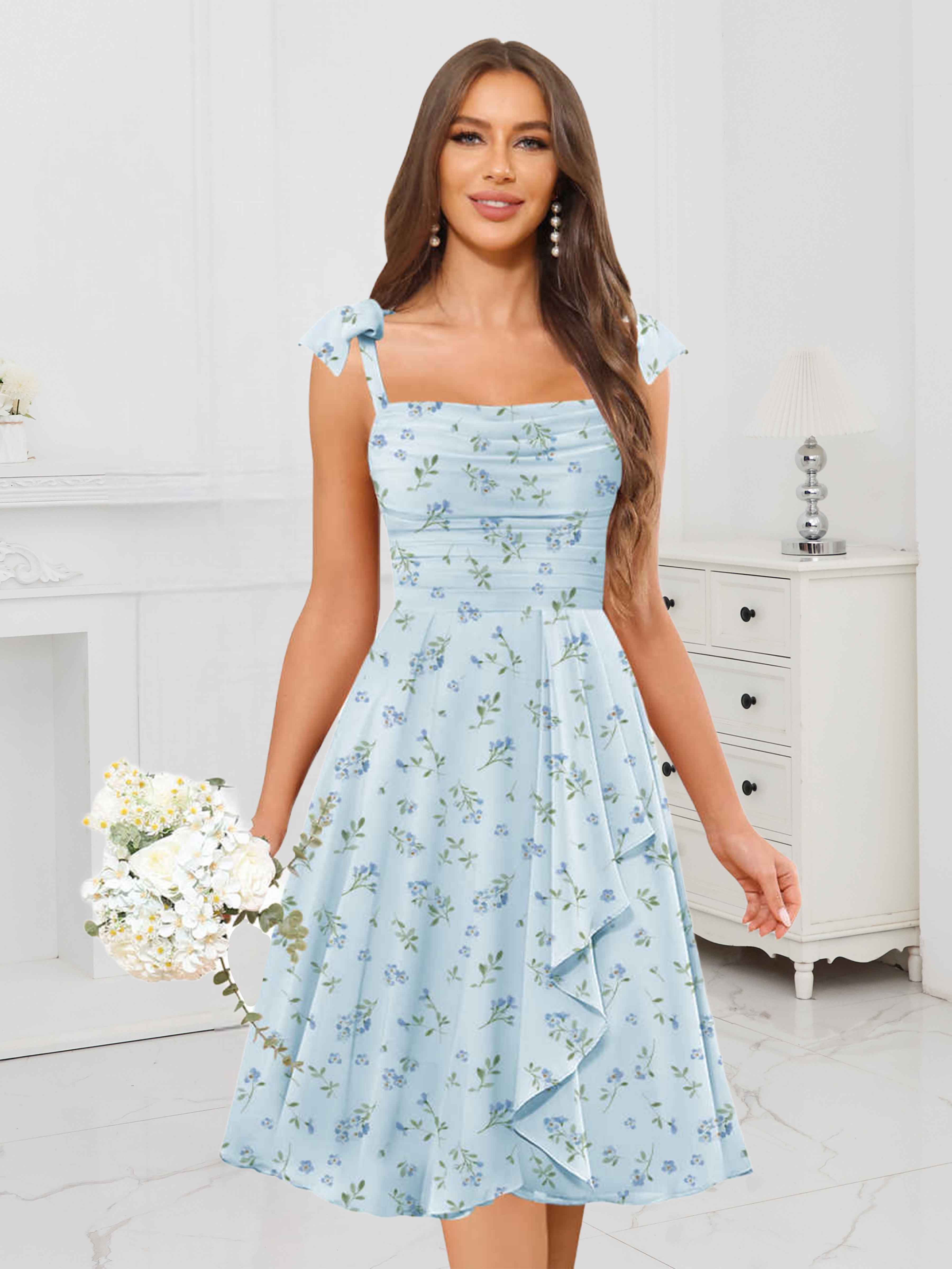 Blue Floral Pleated Ruffles Chiffon Short Bridesmaid Dresses Blue Floral Pleated Ruffles Chiffon Short Bridesmaid Dresses