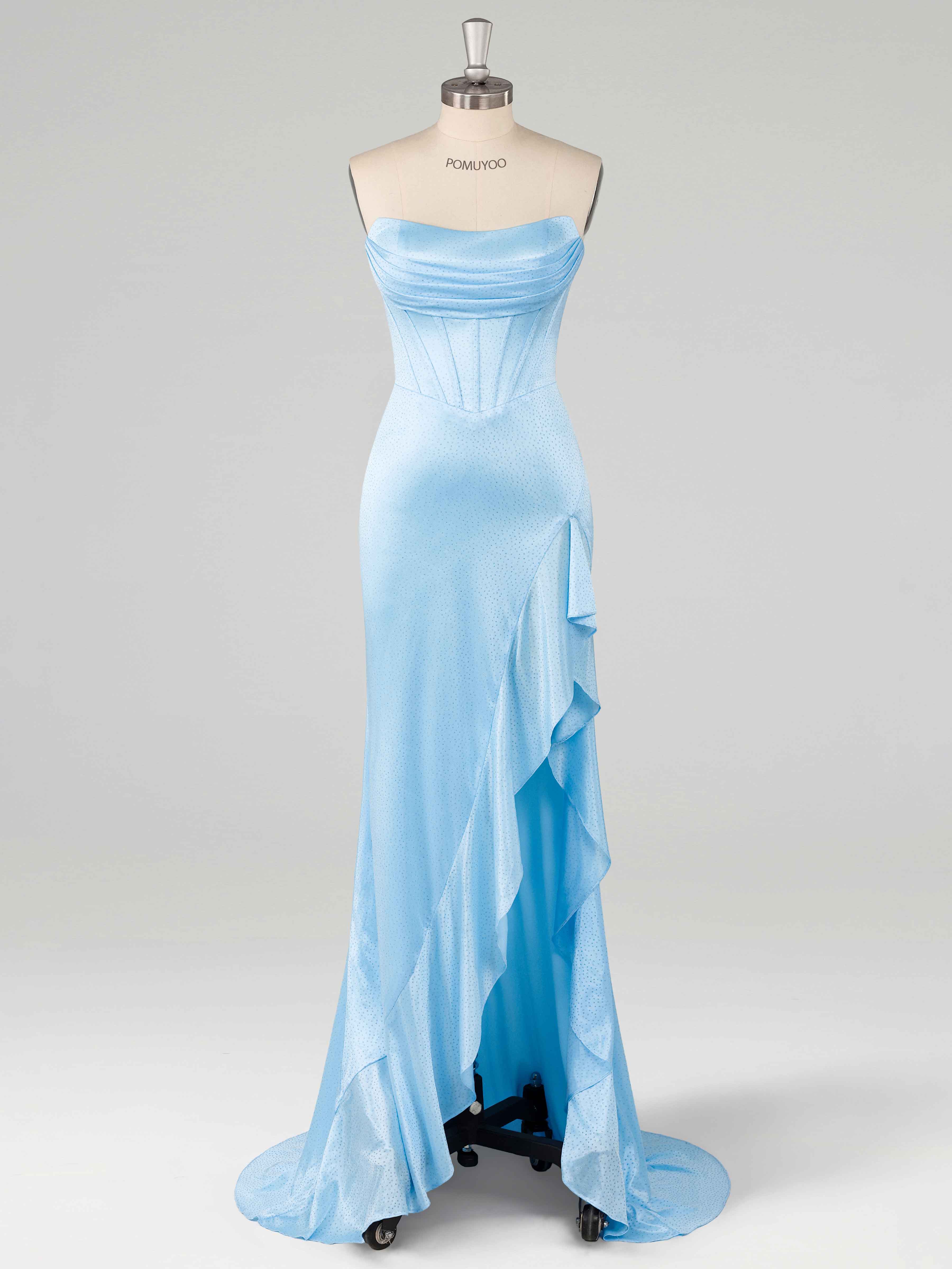 Blue Sparkly Mermaid Ruffles Slit Sweep Train Satin Prom Dresses