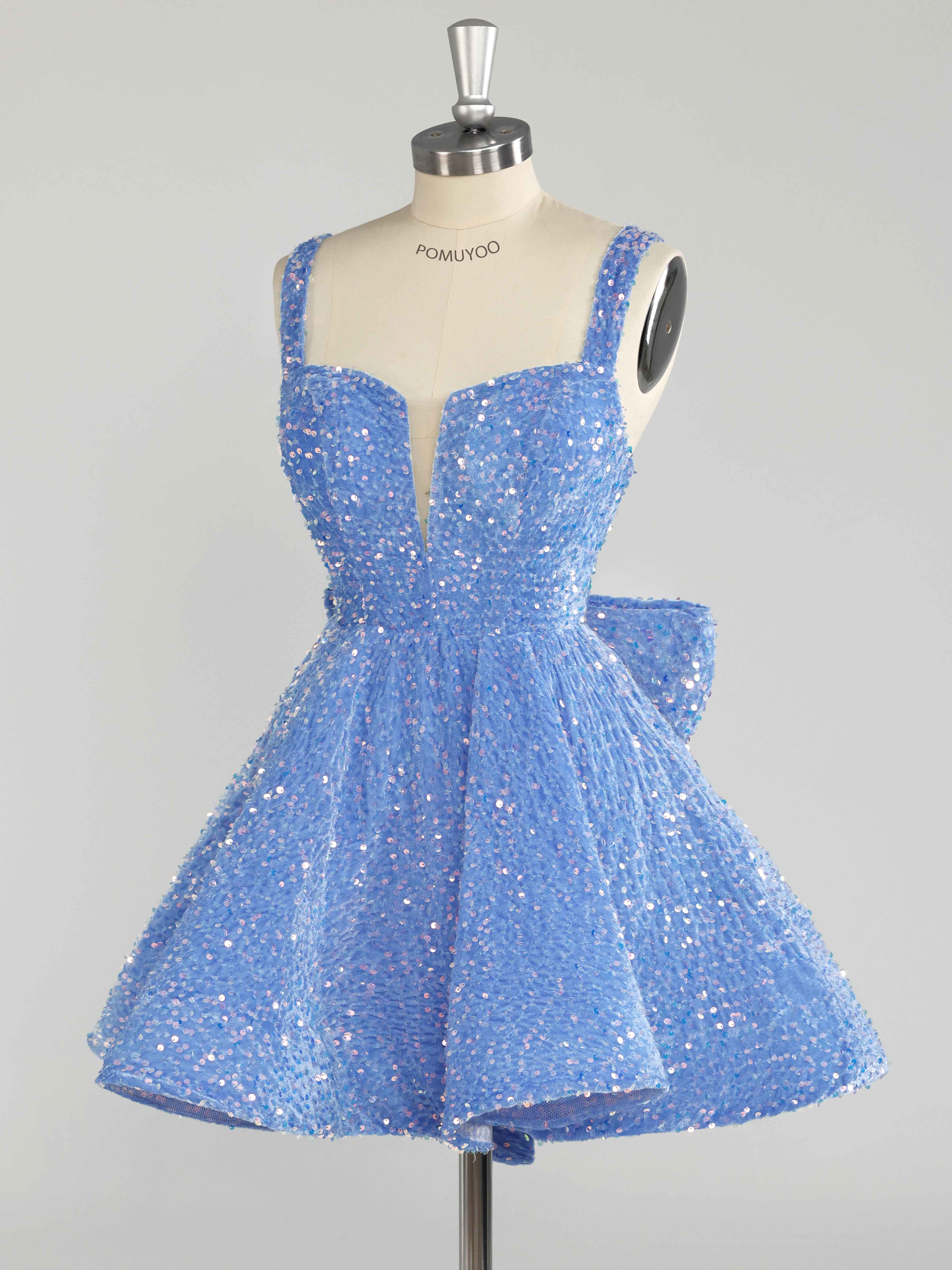 Blue A-Line Sparkly Sequin Short Homecoming Dresses With Bow