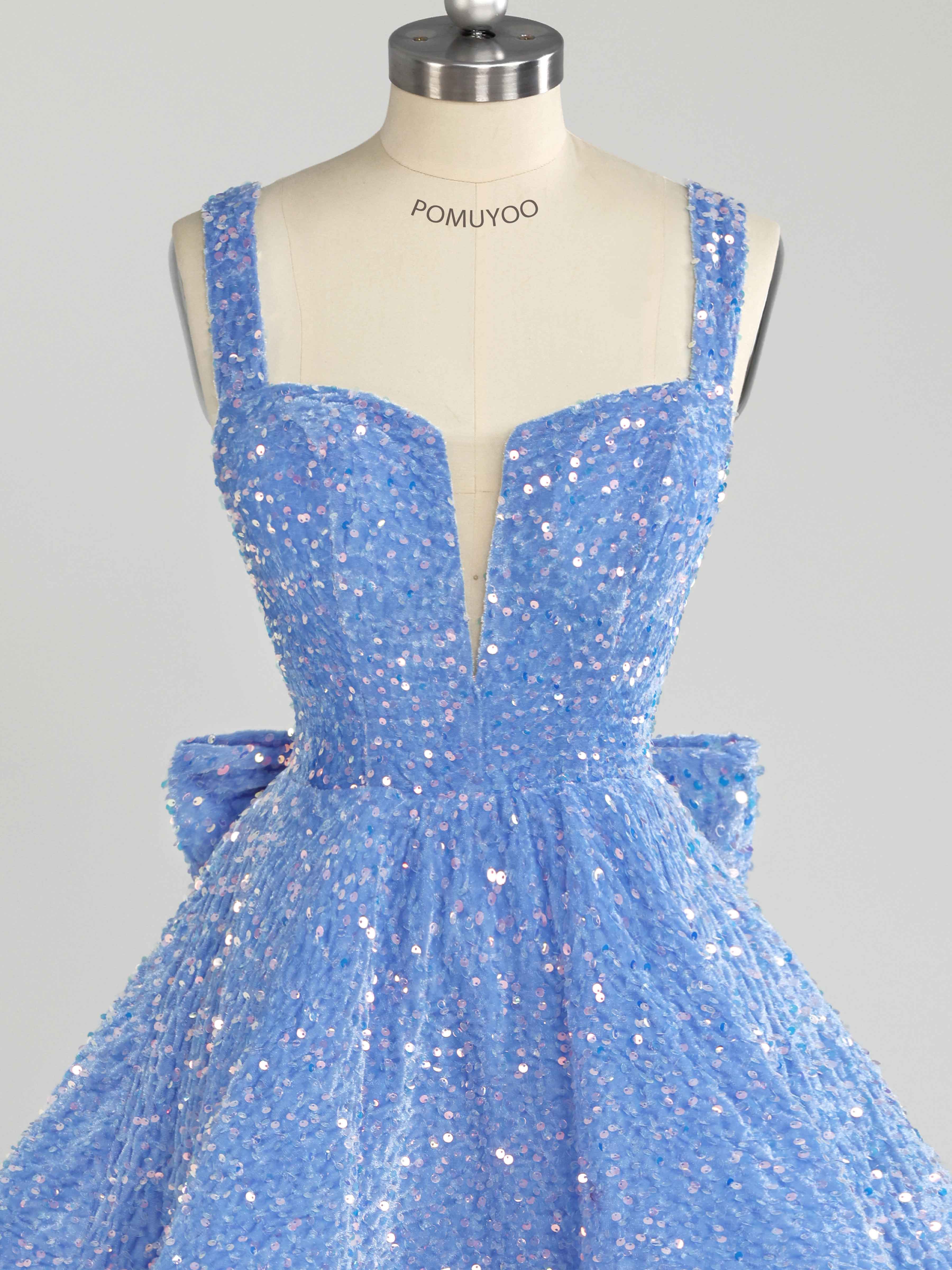 Blue A-Line Sparkly Sequin Short Homecoming Dresses With Bow