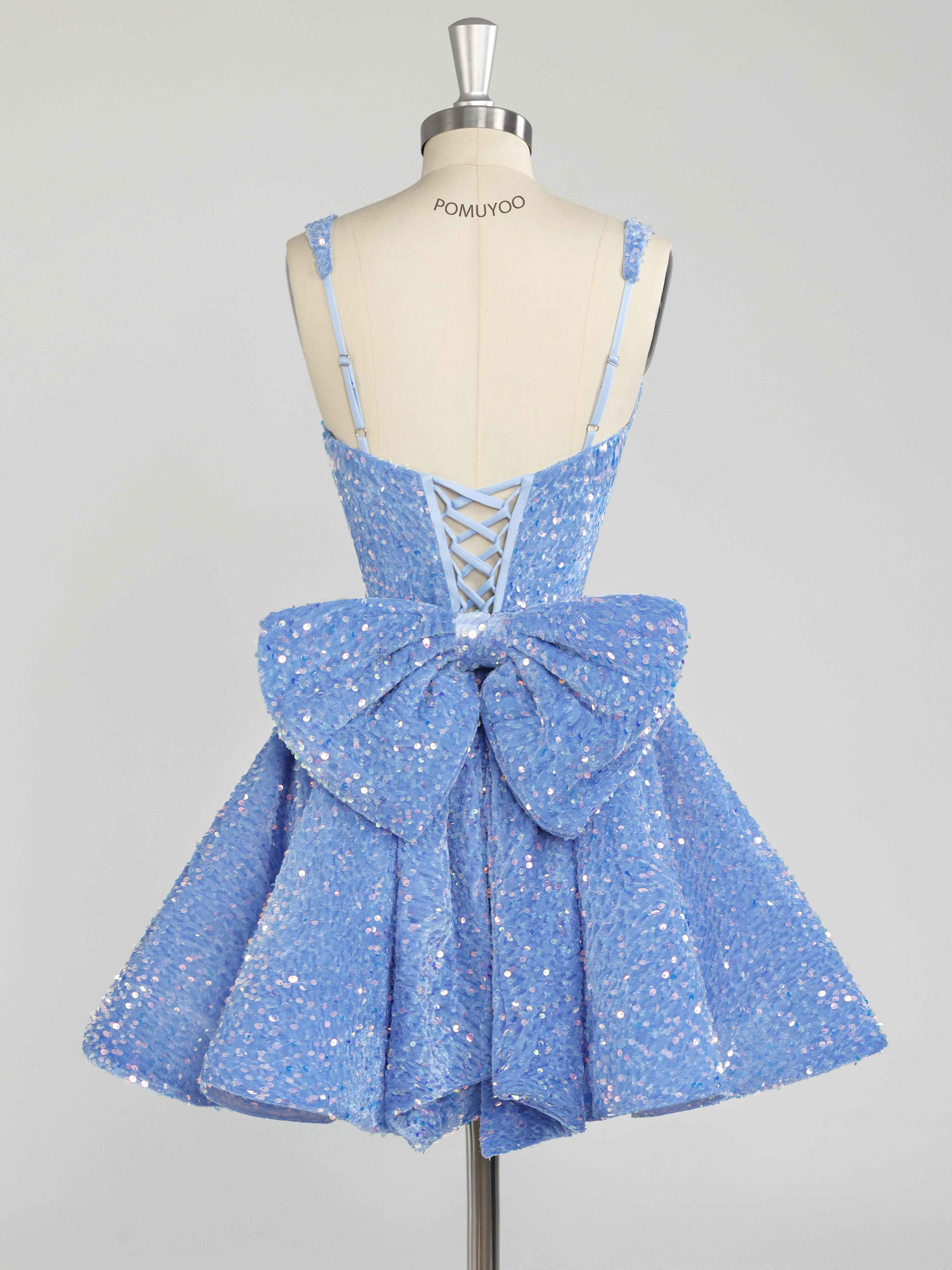 Blue A-Line Sparkly Sequin Short Homecoming Dresses With Bow