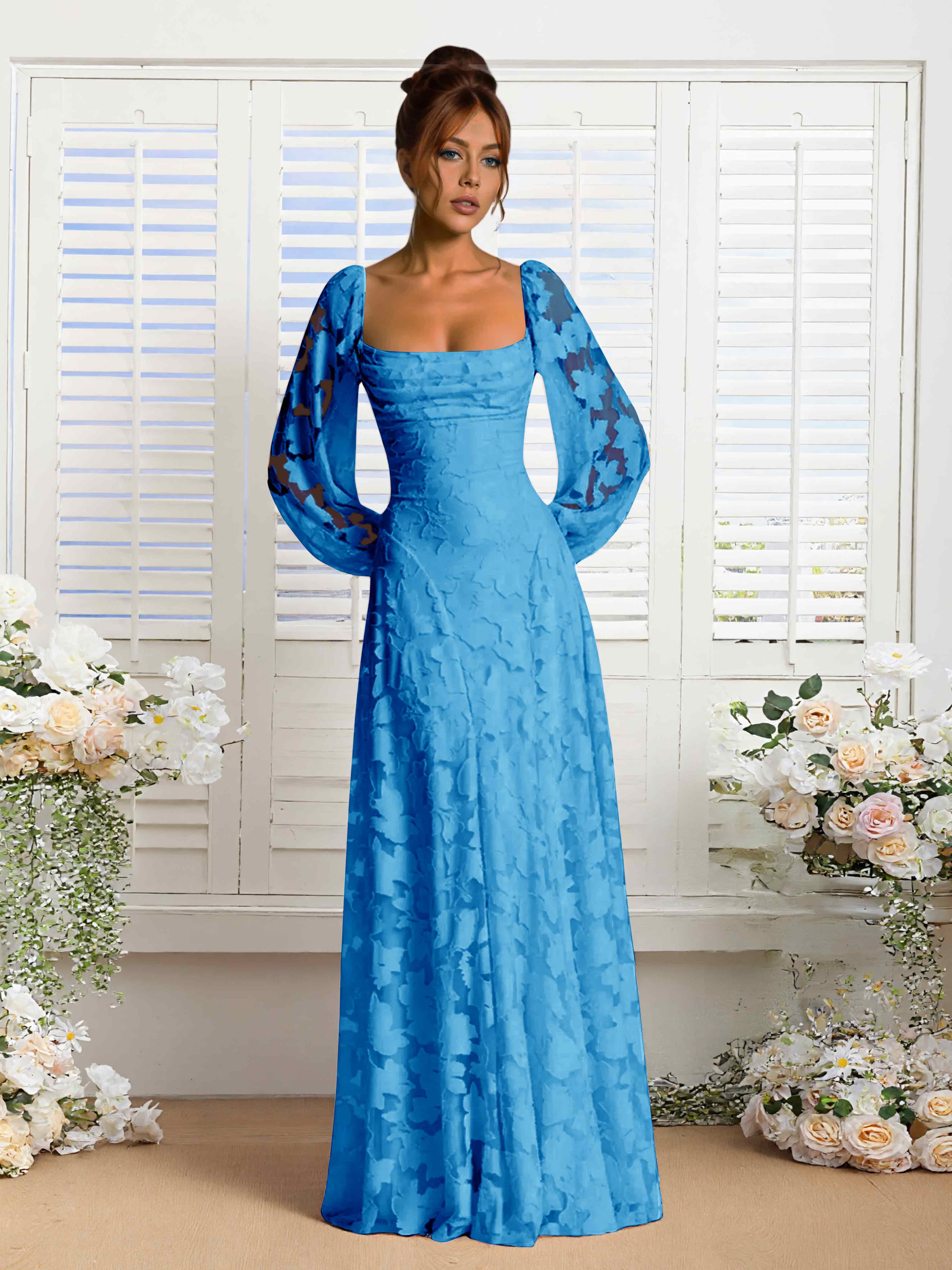 Xandra A-Line Long Sleeves Floor Length Floral Lace Formal Dresses