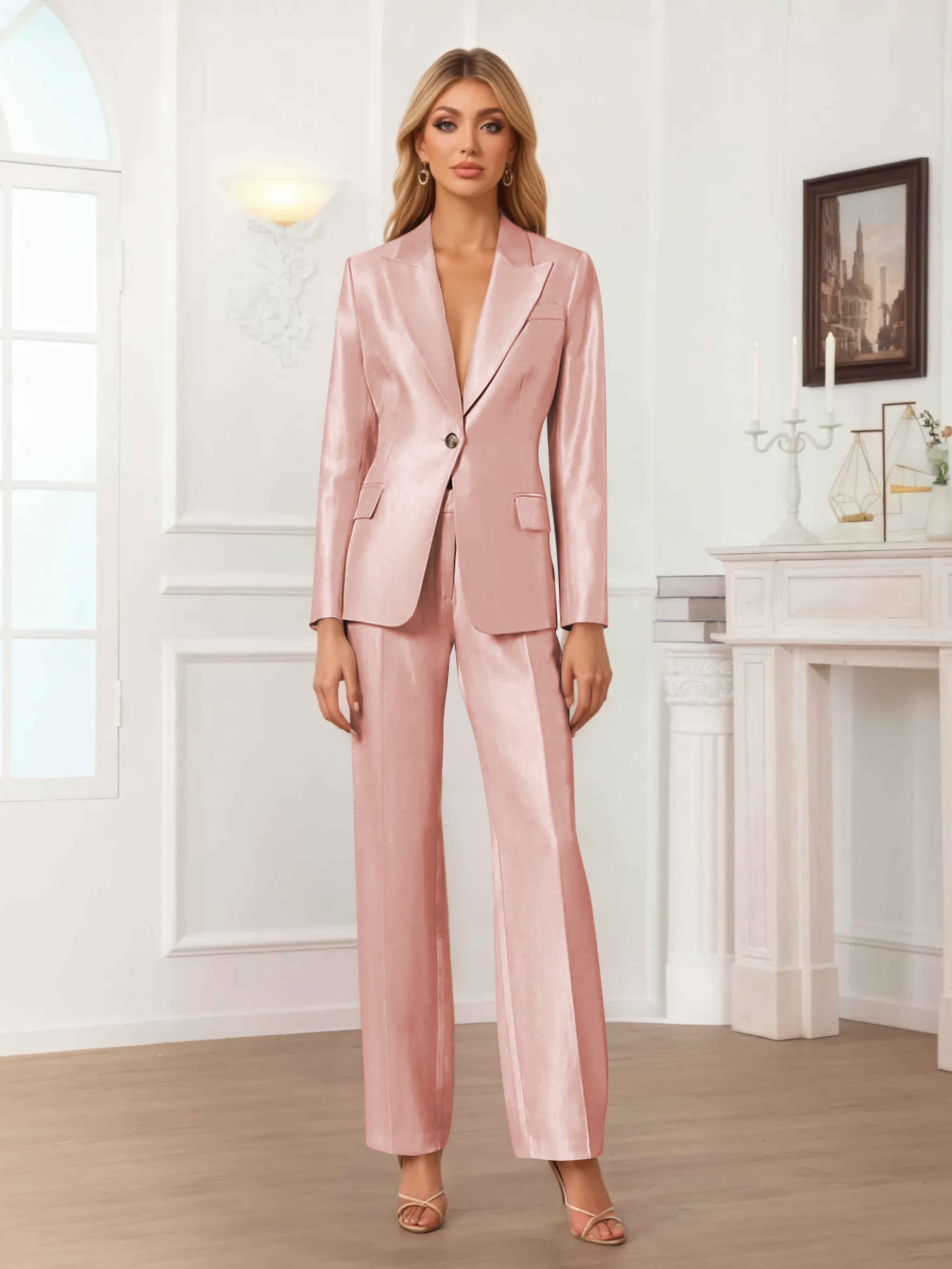 Women's 2 Pieces Peak Lapel One-Button Satin Formal Suit Set