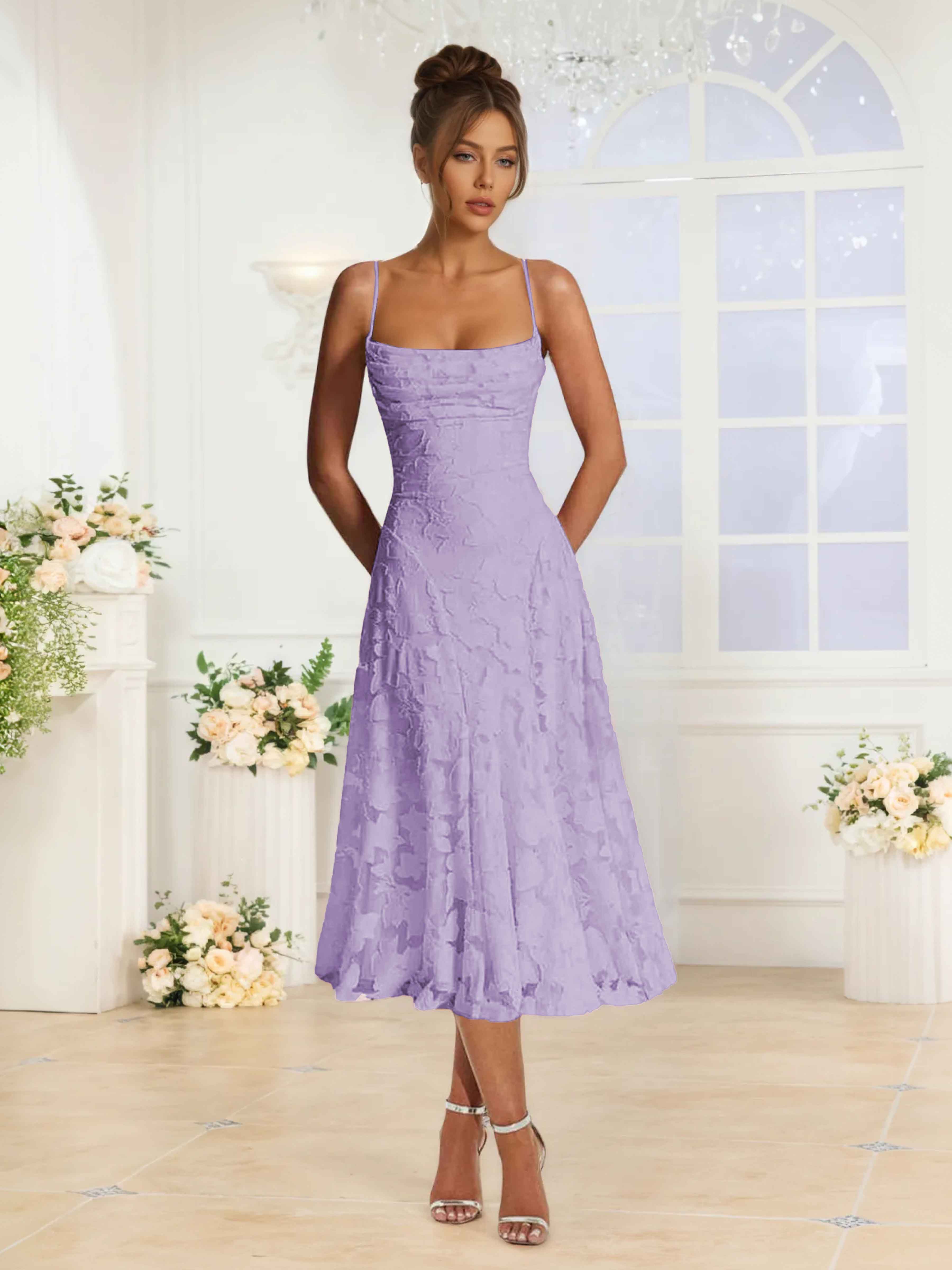 Elythara Chic Spaghetti Straps A-Line Tea Length Jacquard Party Dresses, Lilac Elythara Chic Spaghetti Straps A-Line Tea Length Jacquard Party Dresses, Lilac