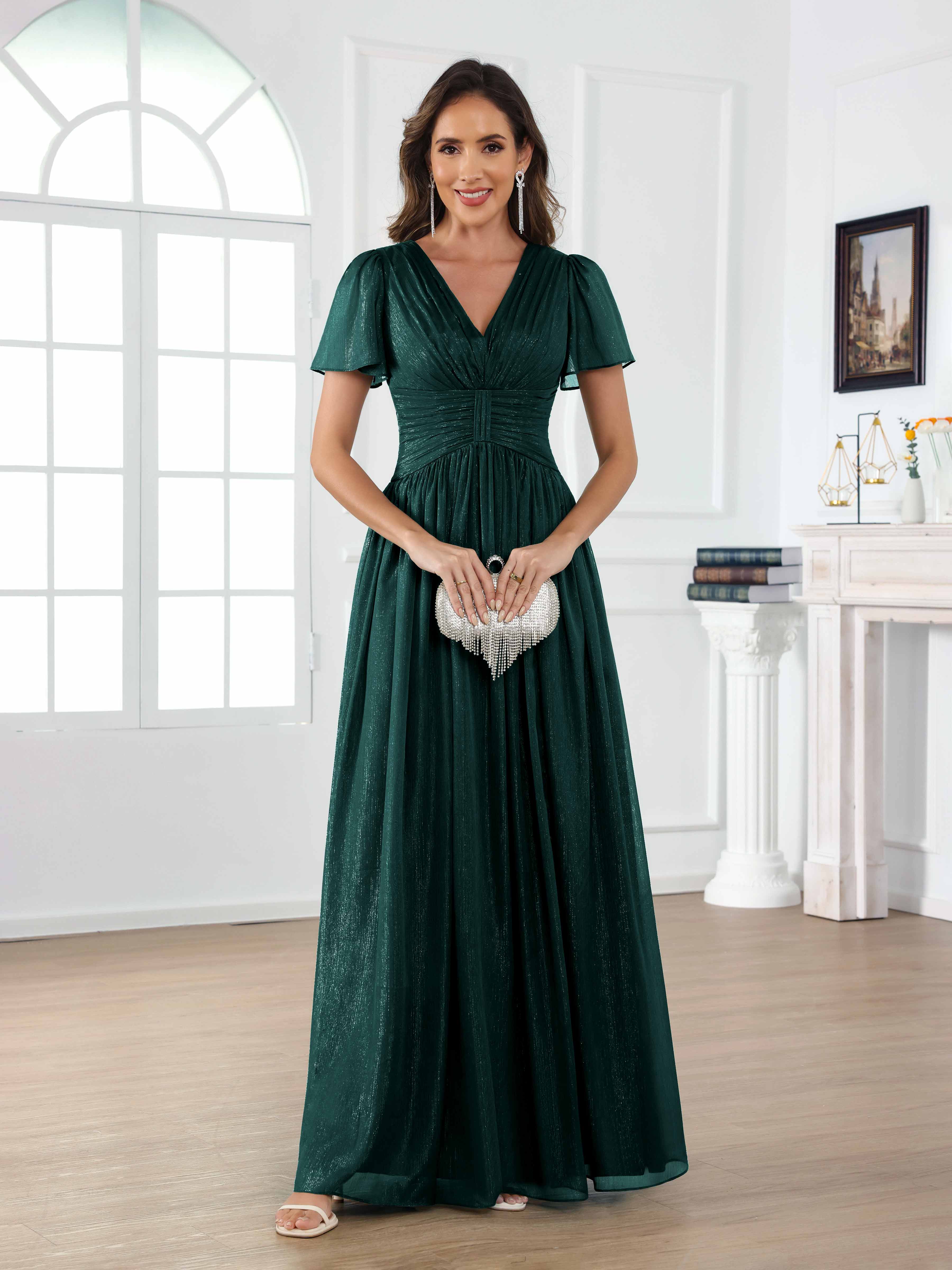 Braelithara Modest A-Line Ruched V Neck Floor Length Mother of the Bride Dresses, Teal