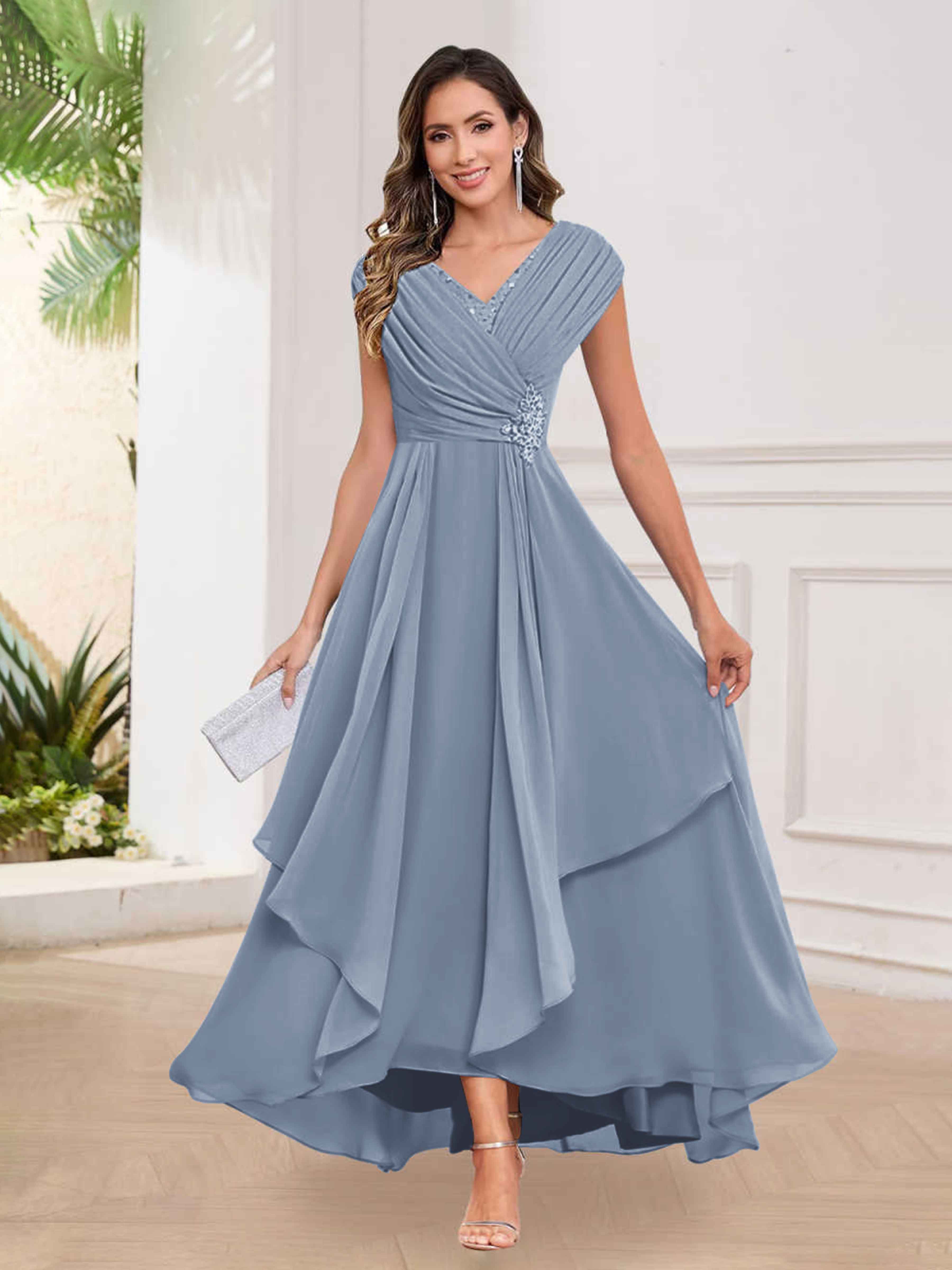 Braelyn V Neck Ruched Beaded Maxi Chiffon Mother Of The Bride Dresses with Cape Sleeves, Dusty Blue Braelyn V Neck Ruched Beaded Maxi Chiffon Mother Of The Bride Dresses with Cape Sleeves, Dusty Blue