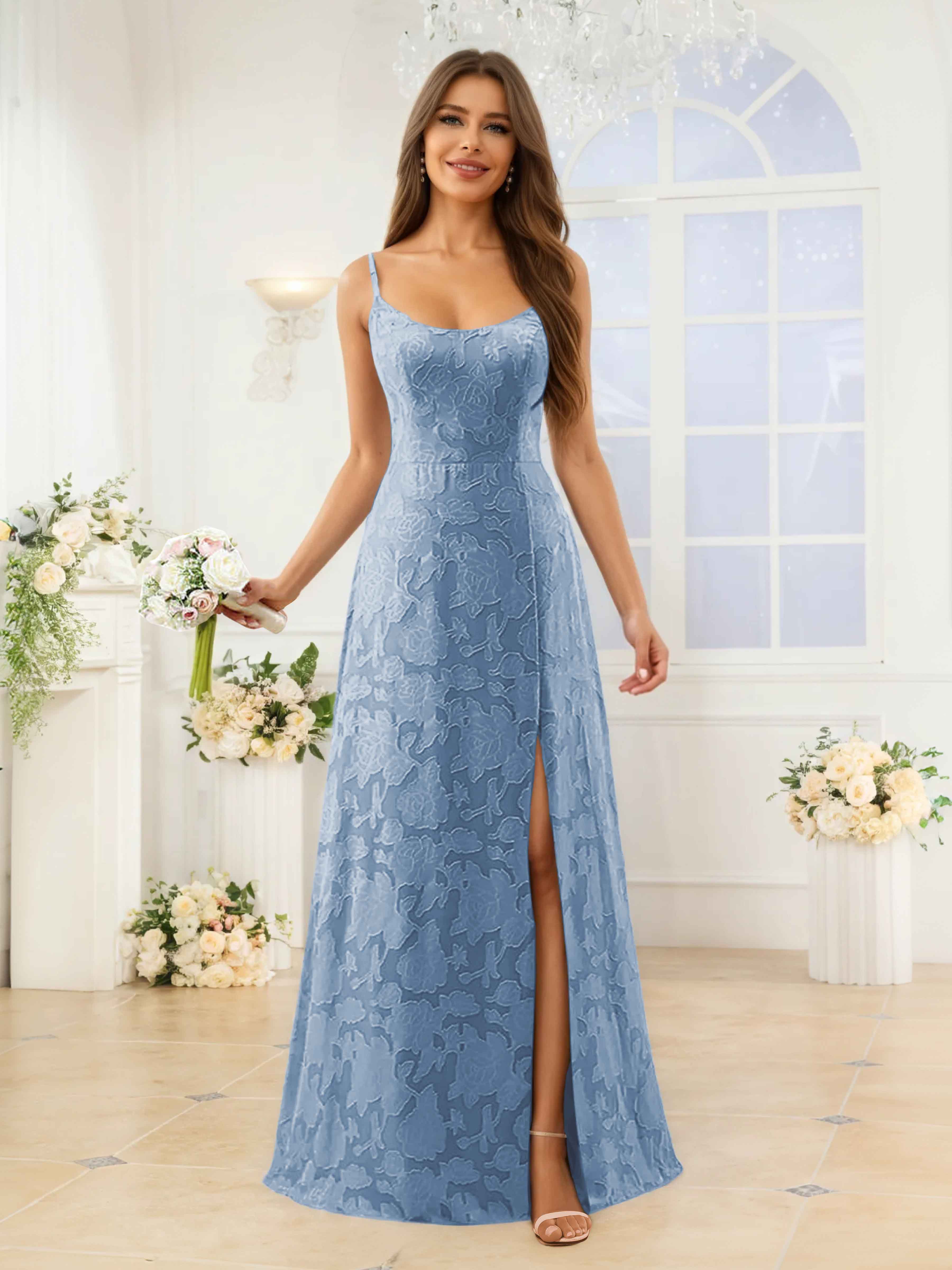 Briseis Delicate A-Line Spaghetti Straps Slit Floral Lace Long Bridesmaid Dress, Dusty Blue Briseis Delicate A-Line Spaghetti Straps Slit Floral Lace Long Bridesmaid Dress, Dusty Blue