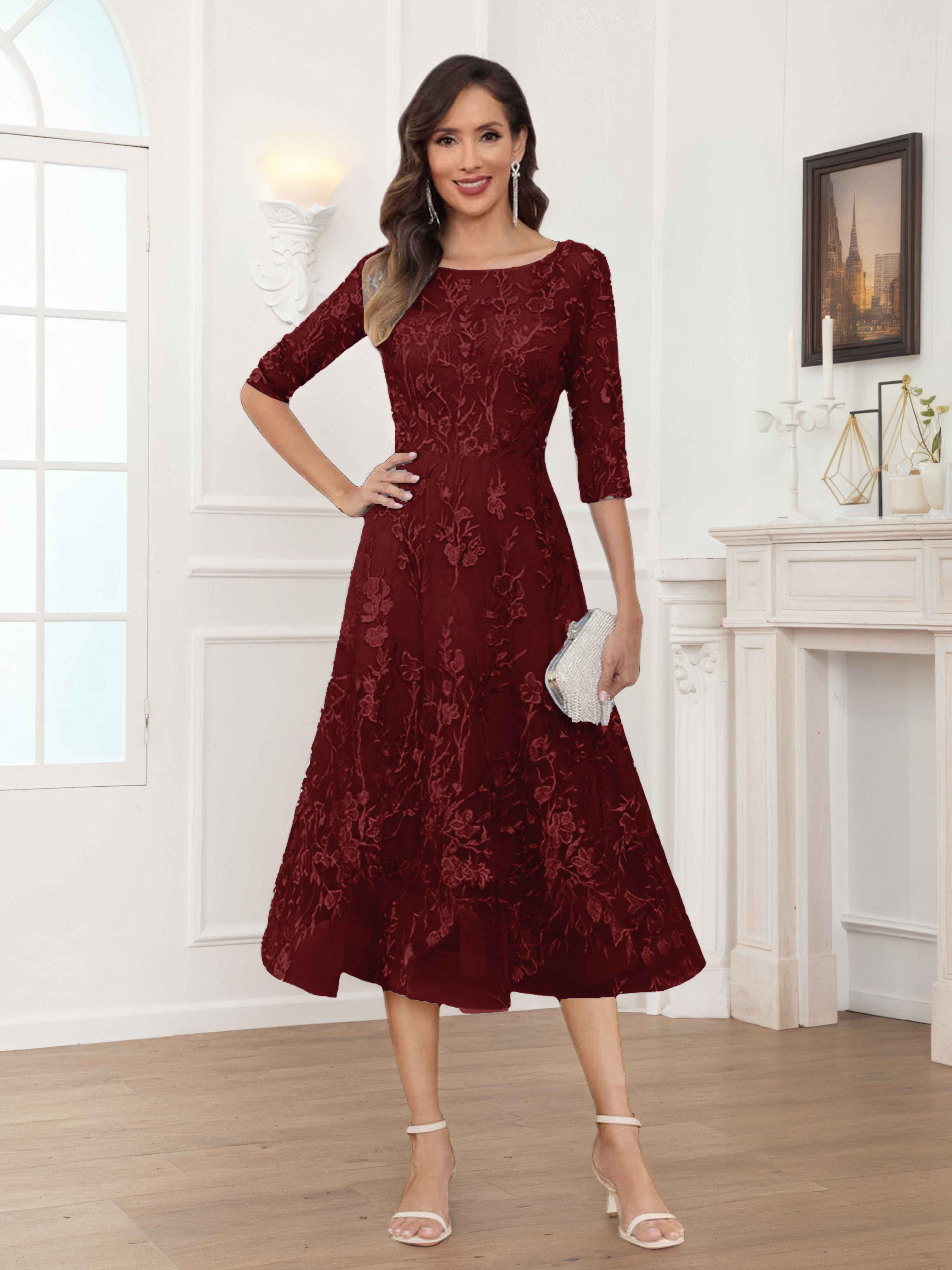 Pax Exquisite A-Line Illusion Lace Tea Length Mother of The Bride Dresses