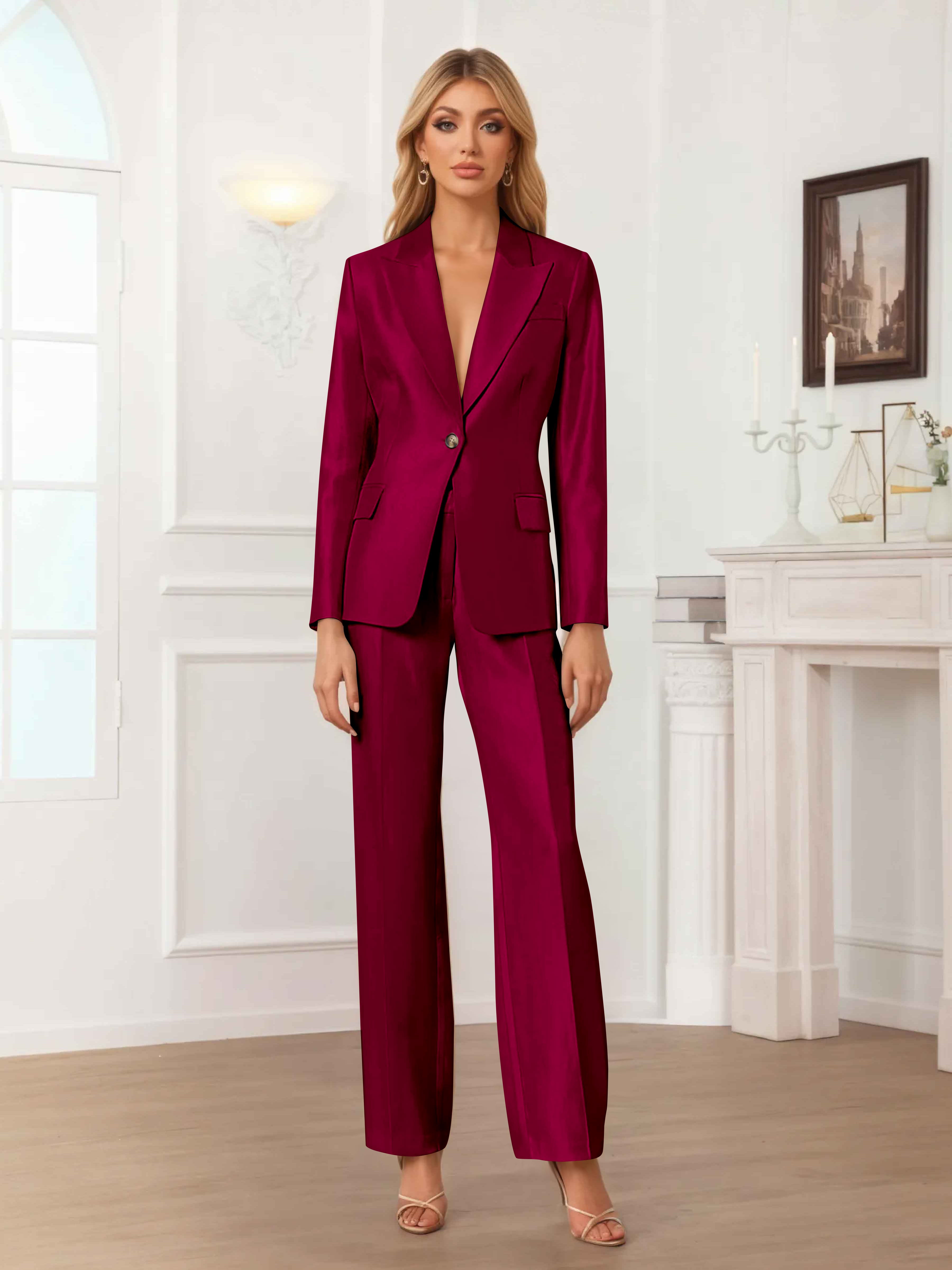 Women's 2 Pieces Peak Lapel One-Button Satin Formal Suit Set