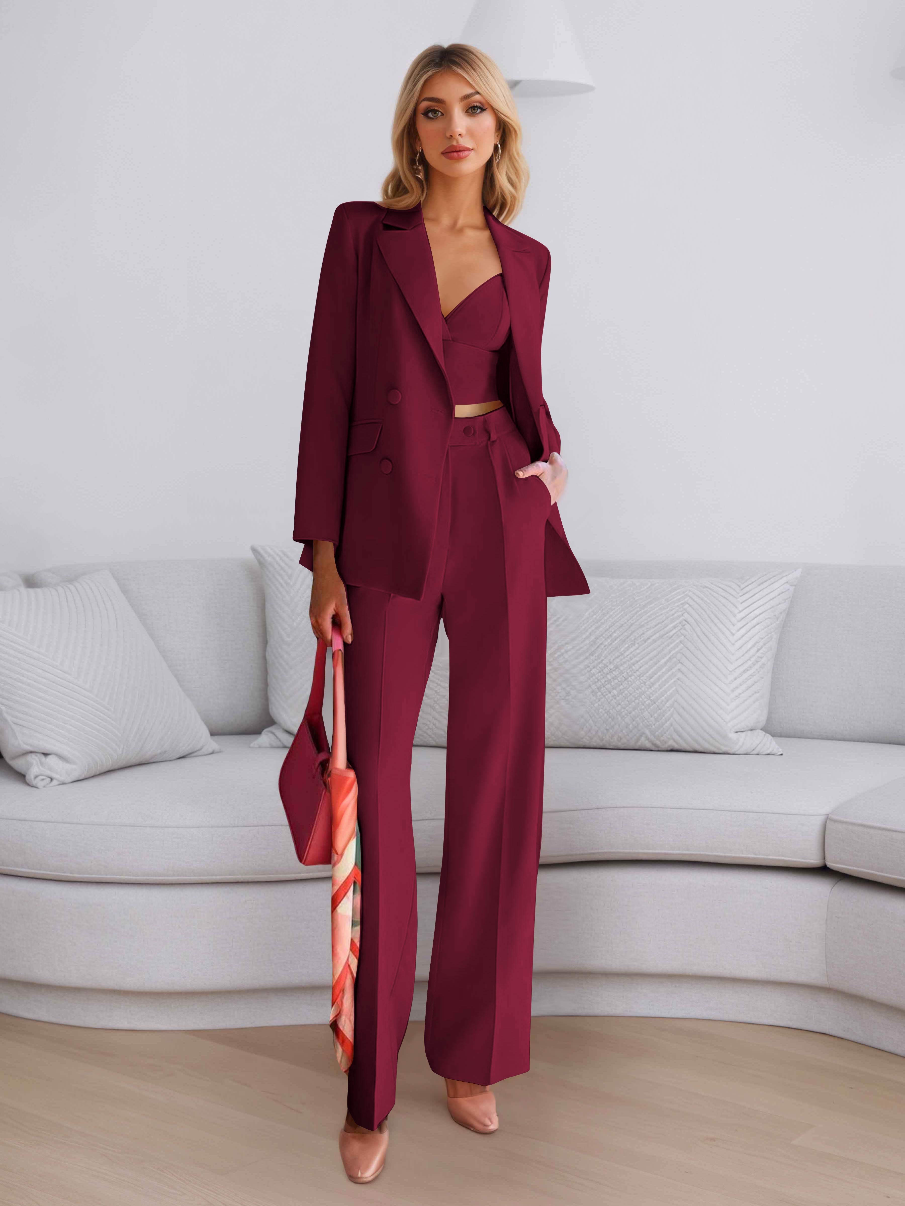 Elegant Women's 3 Pieces Solid Formal Blazer and Pants Suit Set