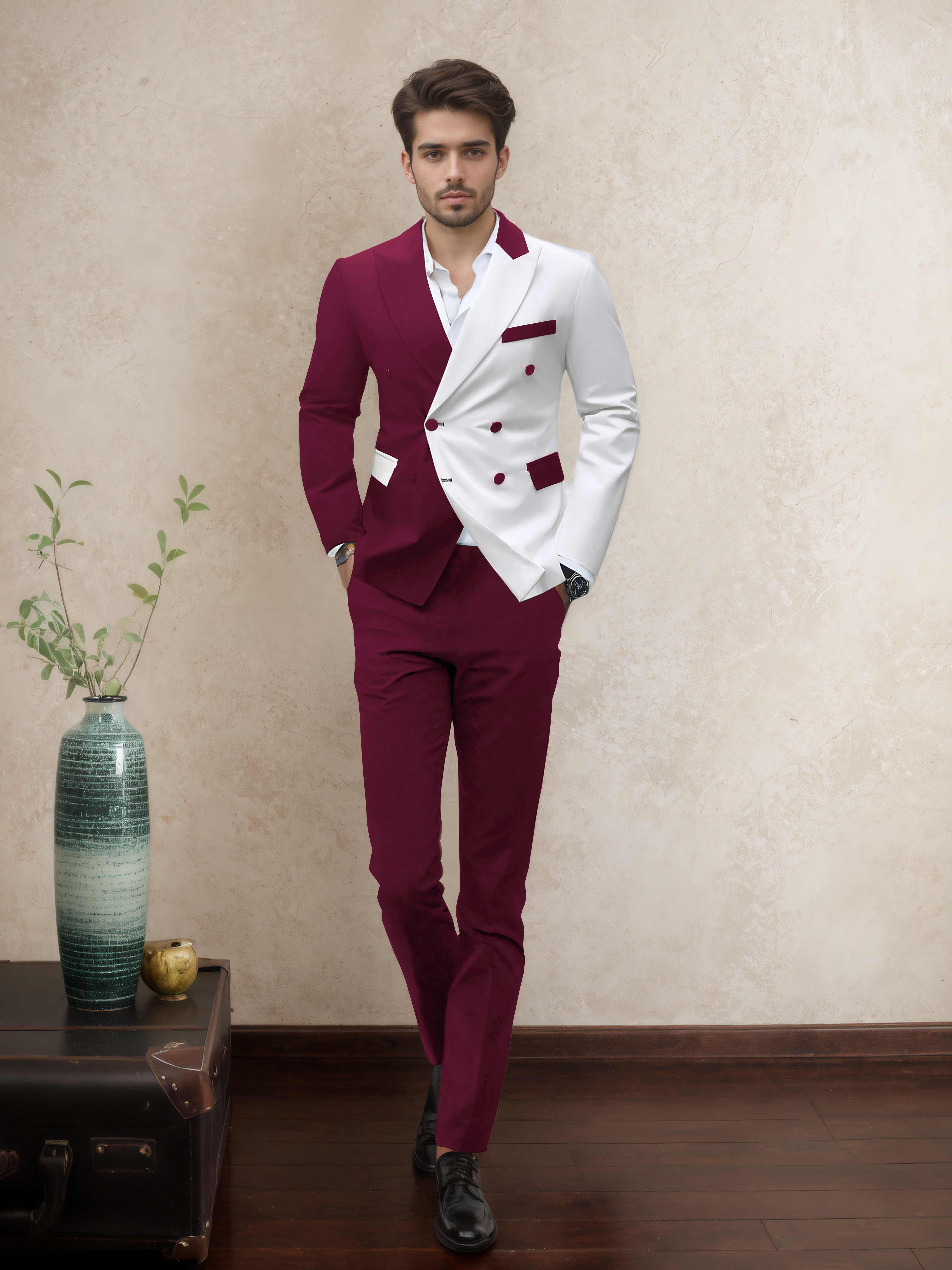 Refined 2 Pieces Mens Evening Suit Tailored Fit Double Breasted Peak Lapel Contrast, Burgundy Refined 2 Pieces Mens Evening Suit Tailored Fit Double Breasted Peak Lapel Contrast, Burgundy