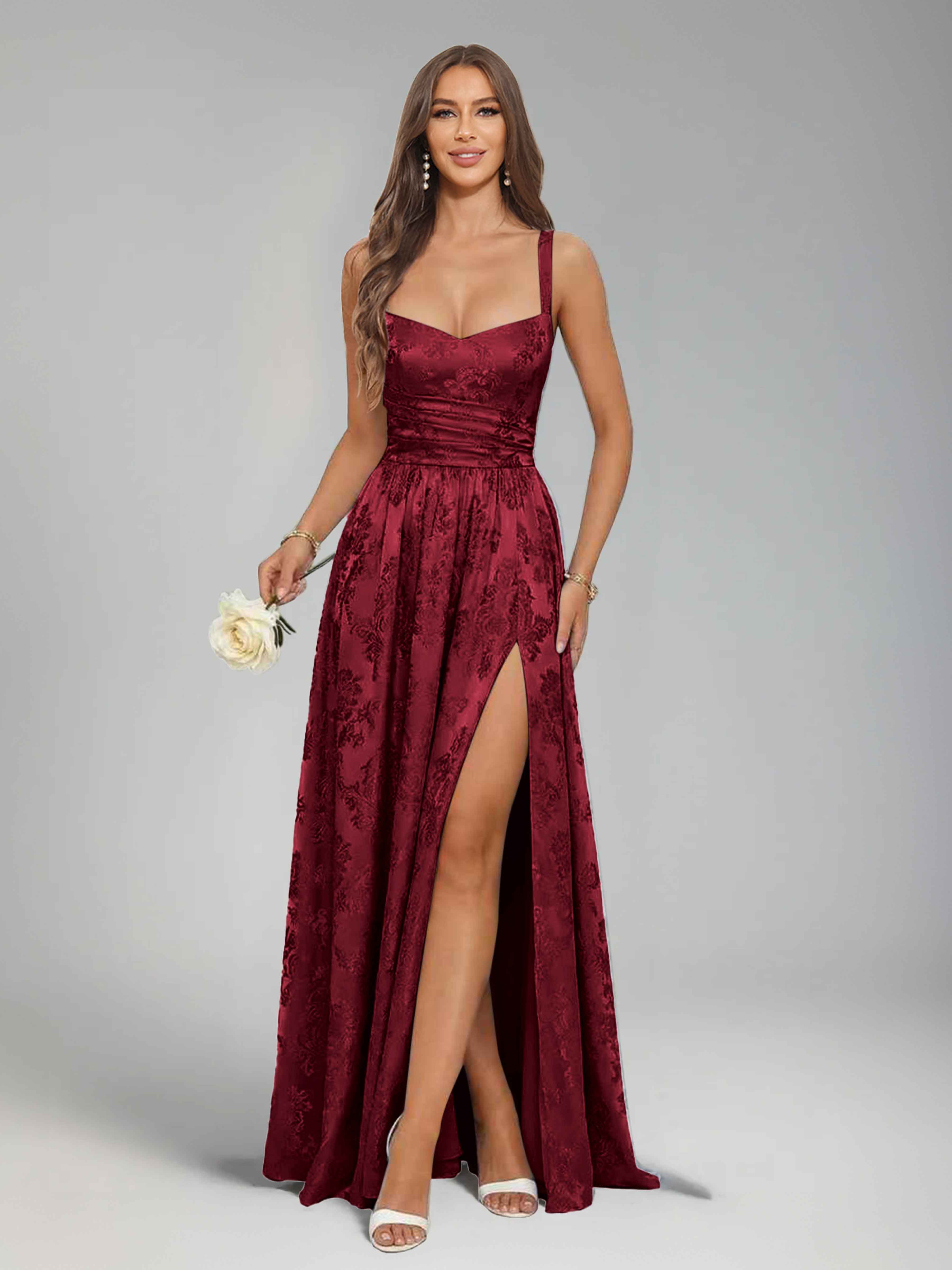 Jaelindra Gorgeous A-Line Spaghetti Straps Pleated Slit Long Jacquard Prom Dresses