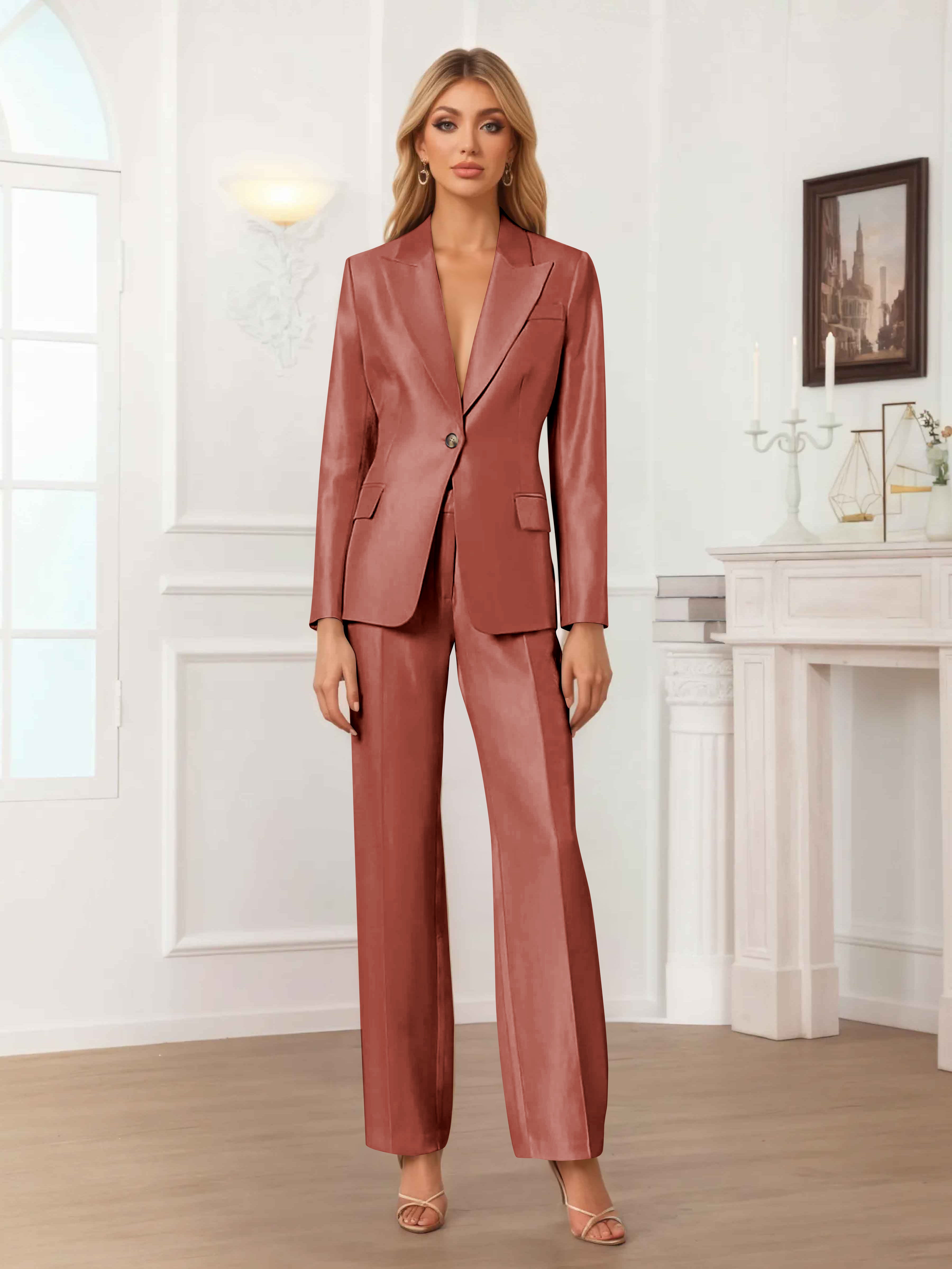 Women's 2 Pieces Peak Lapel One-Button Satin Formal Suit Set