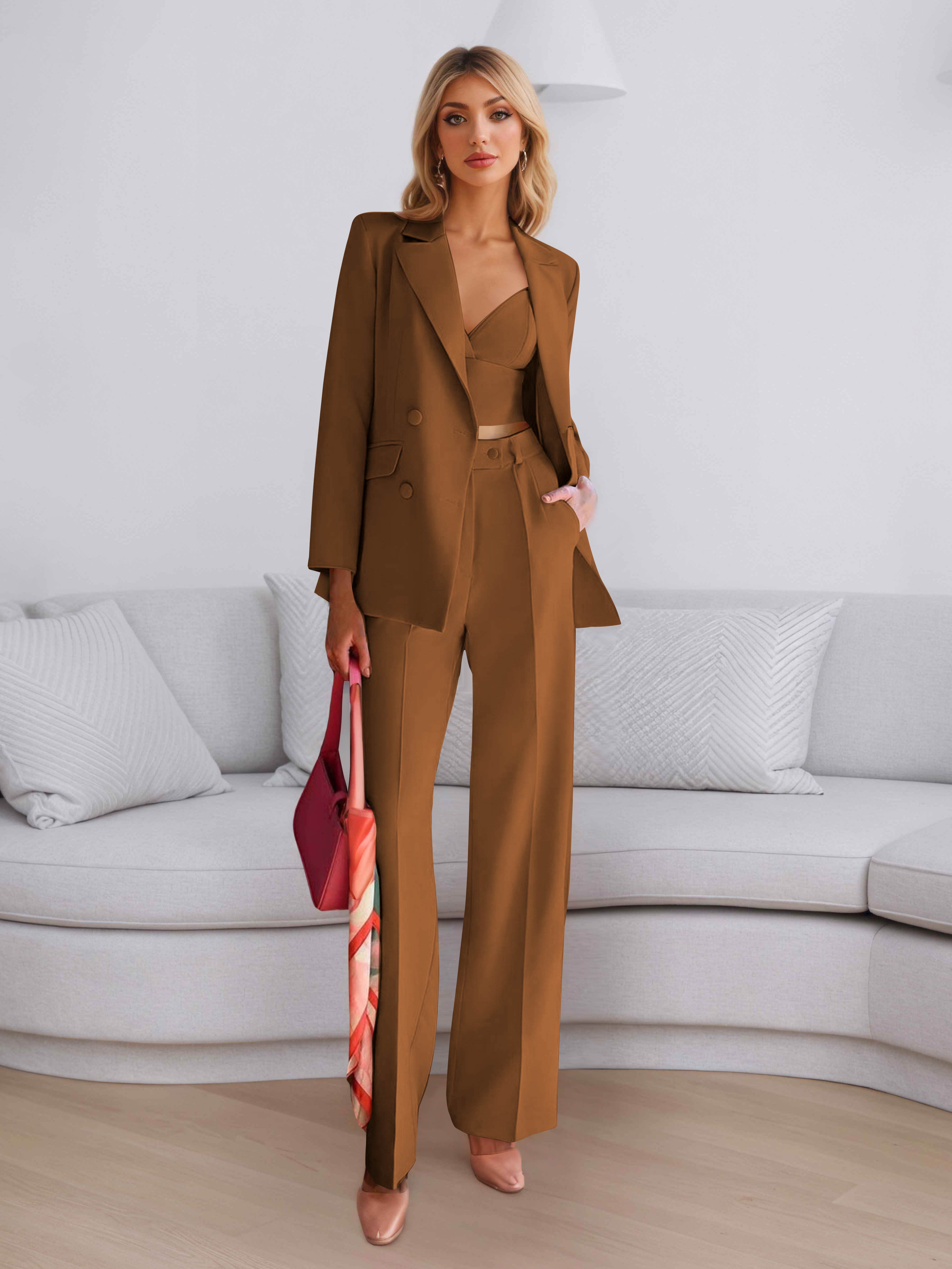 Elegant Women's 3 Pieces Solid Formal Blazer and Pants Suit Set
