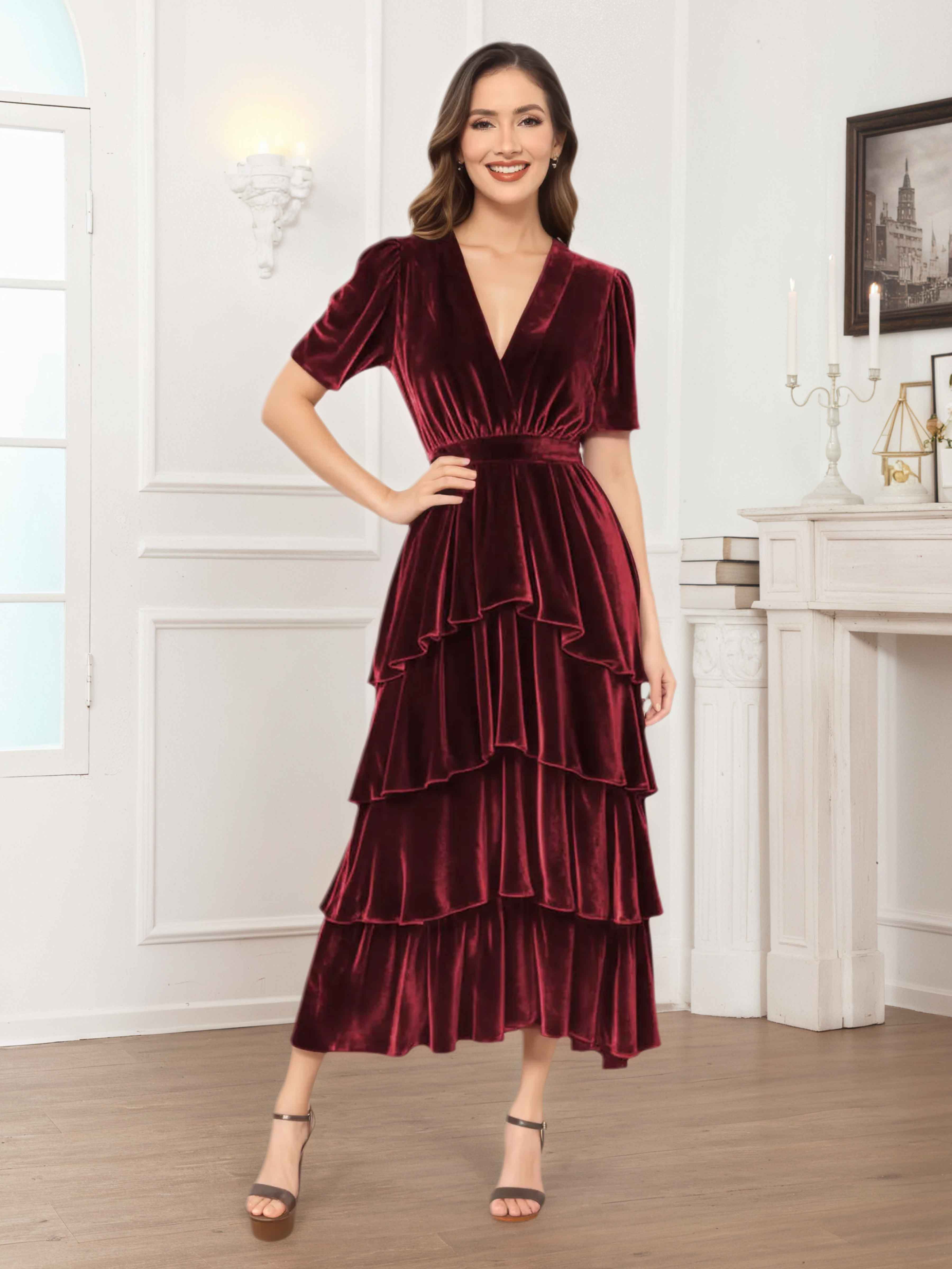 Caelia Ageless A-Line V-neck Short Sleeves Long Velvet Bridesmaid Dresses
