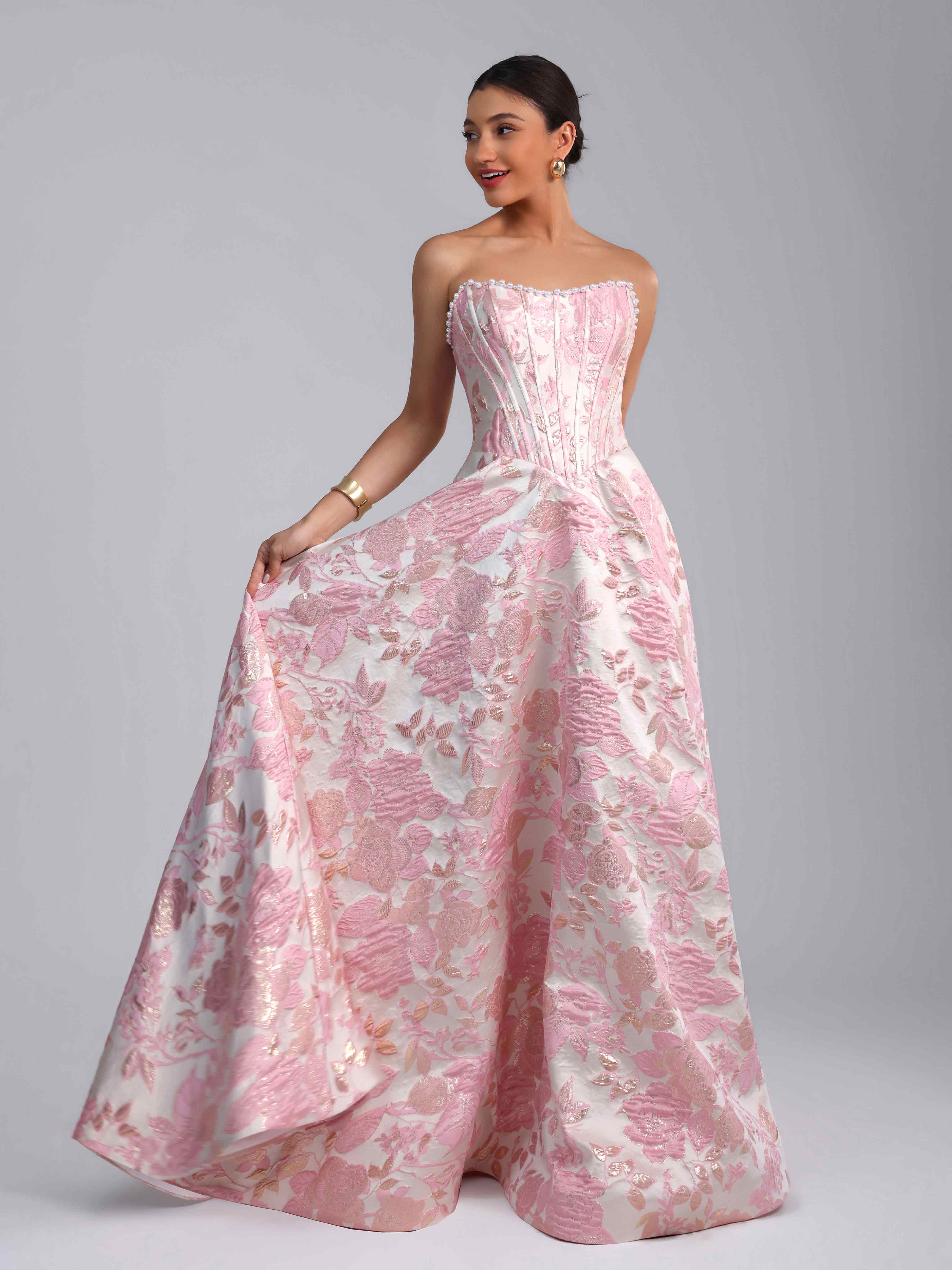 Caelith Princess A-Line Strapless Jacquard Satin Long Prom Dresses With Knot