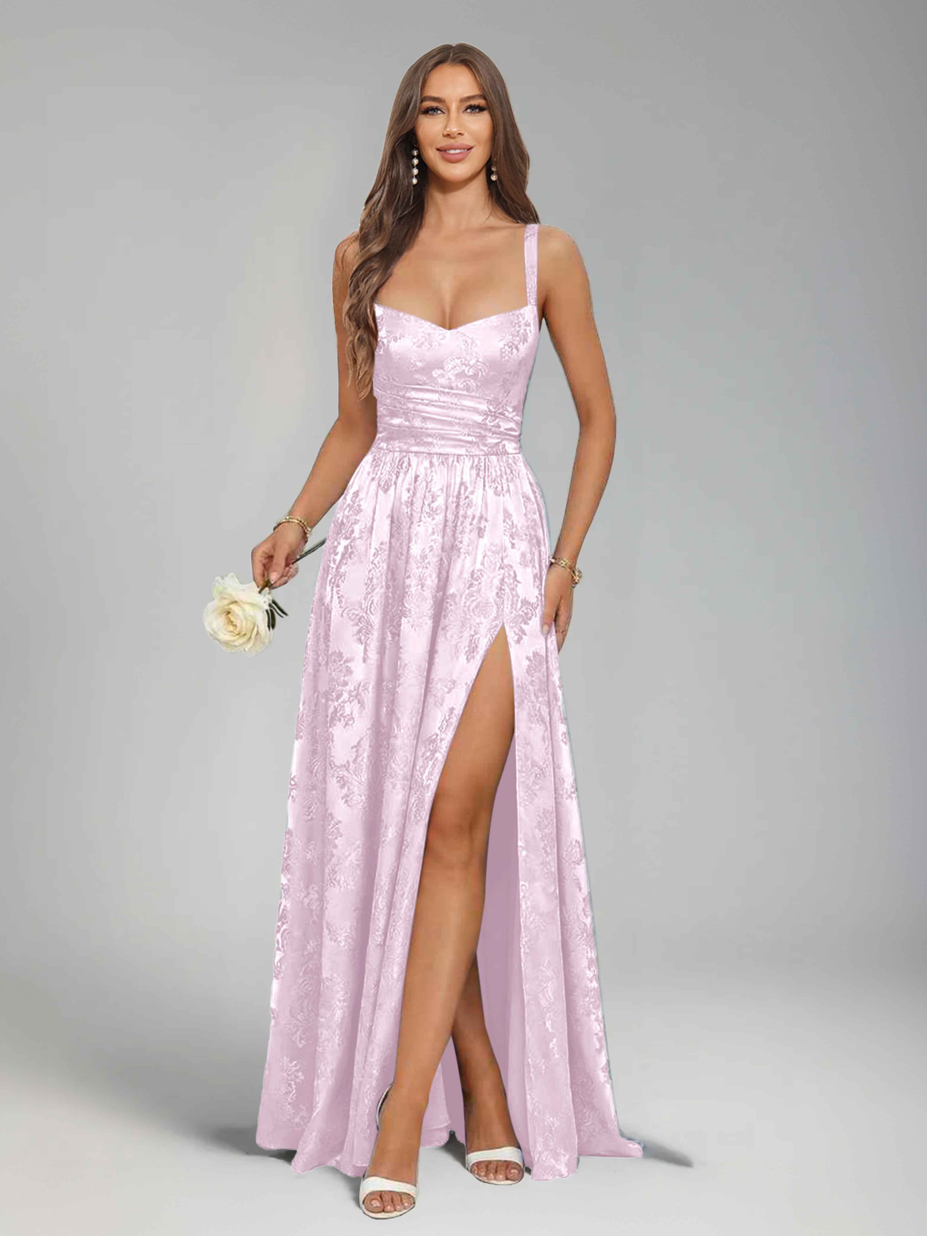 Jaelindra Gorgeous A-Line Spaghetti Straps Pleated Slit Long Jacquard Prom Dresses