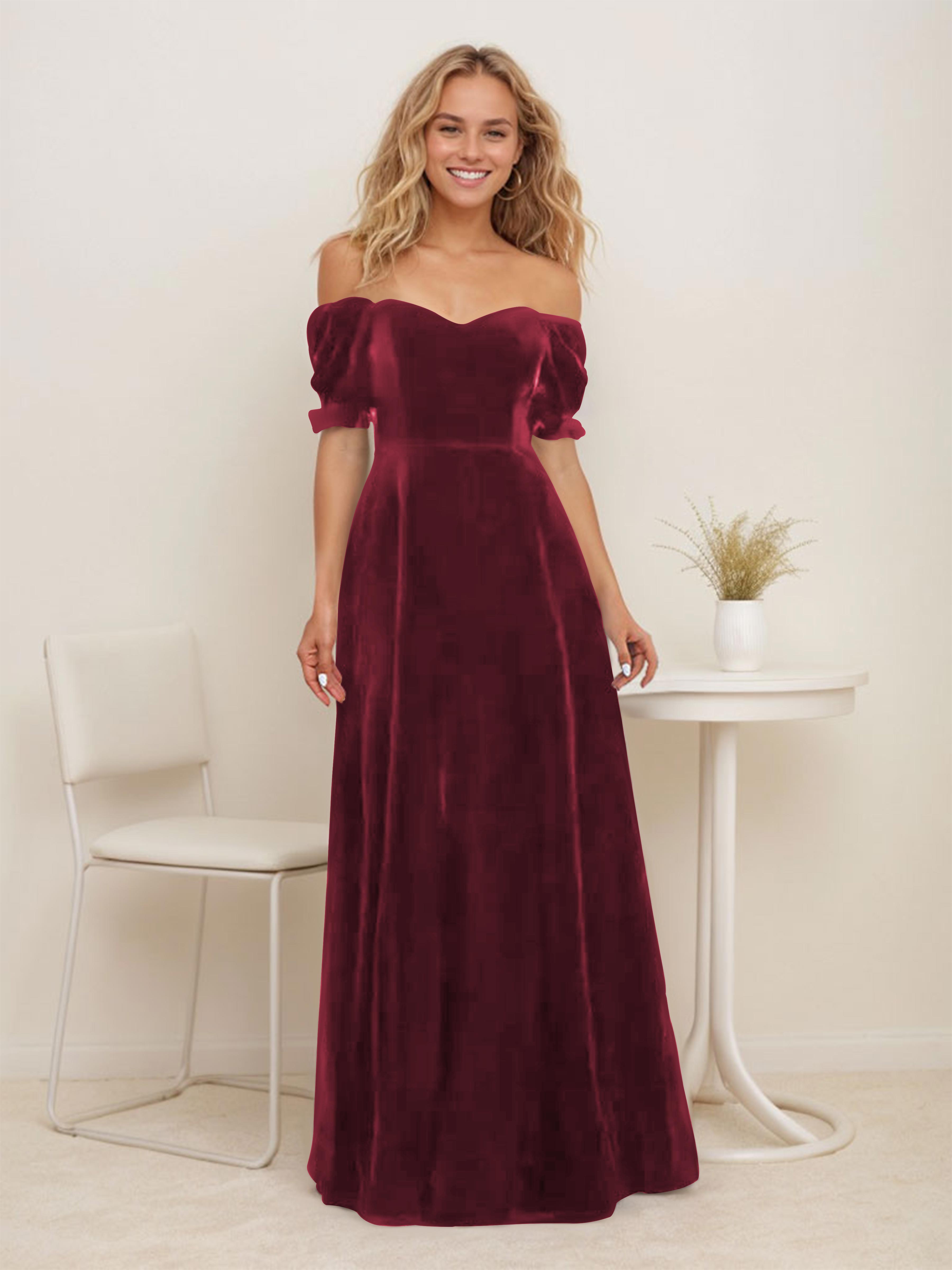 Capri A-Line Off The Shoulder Velvet Wedding Guest Dresses, Burgundy Capri A-Line Off The Shoulder Velvet Wedding Guest Dresses, Burgundy