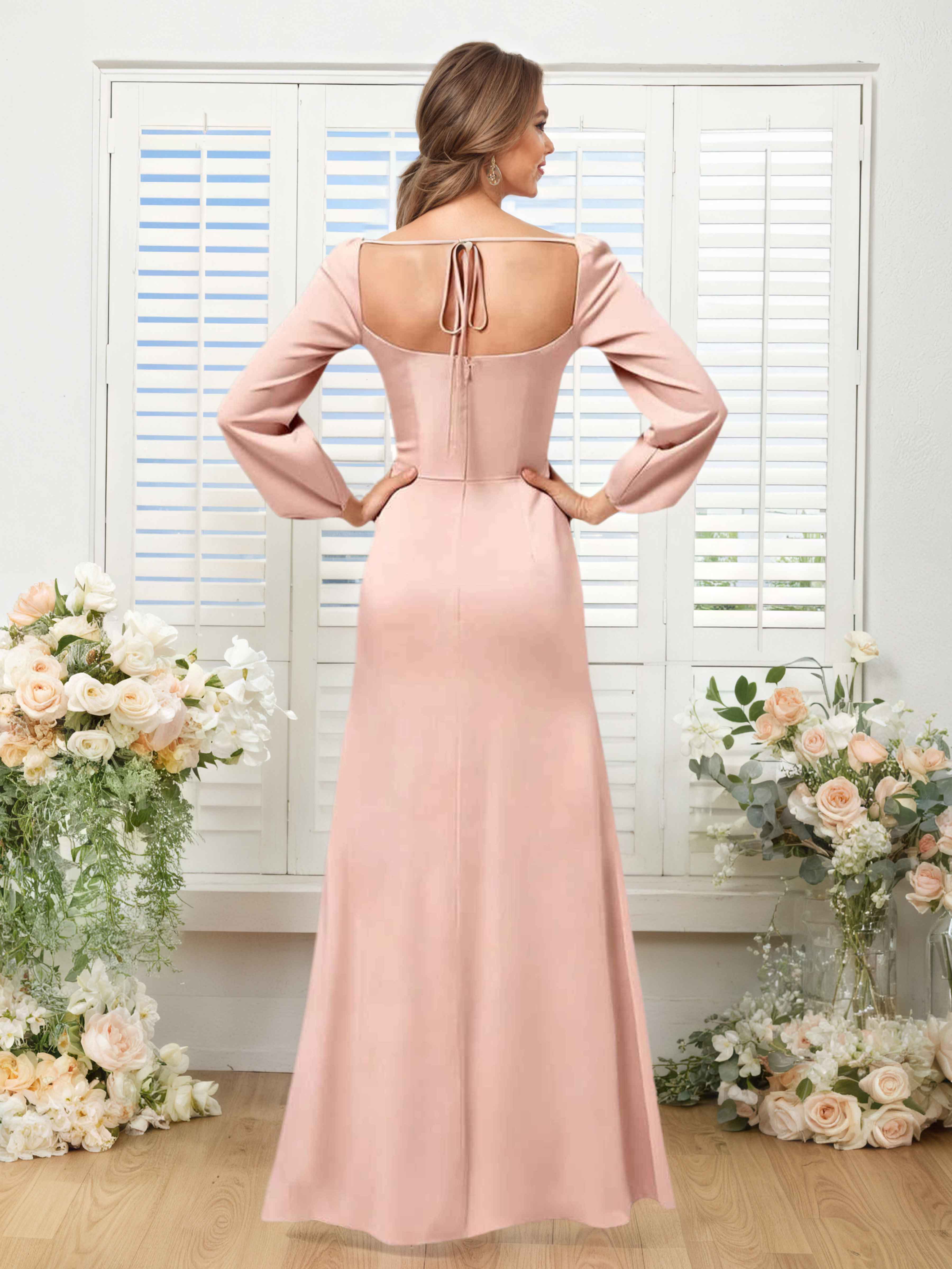 Carys Modest Cowl Ruched Long Sleeves Satin Bridesmaid Dresses