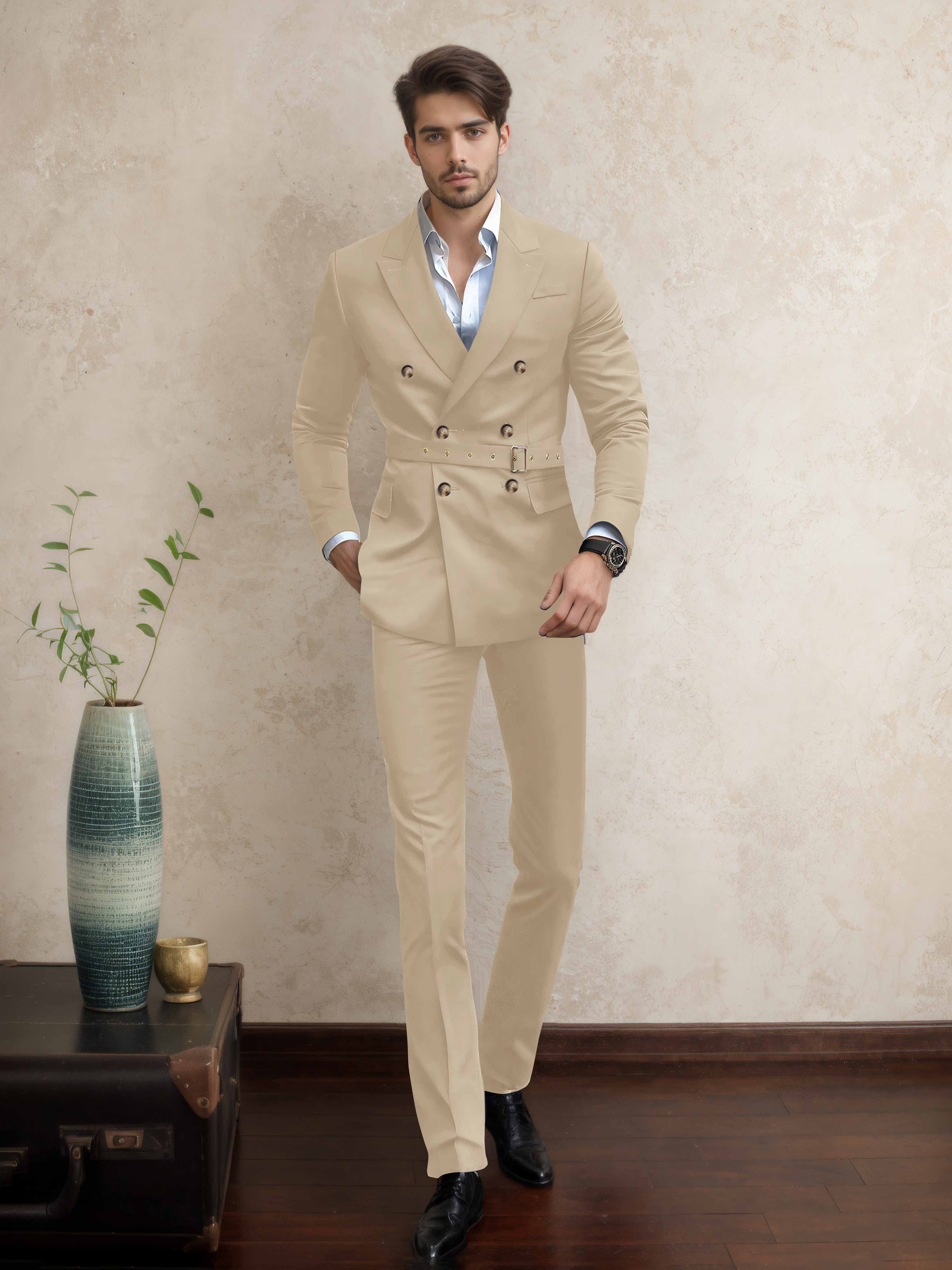 Casual Double Breasted Men's 2 Pieces Peak Lapel Suit with Belt
