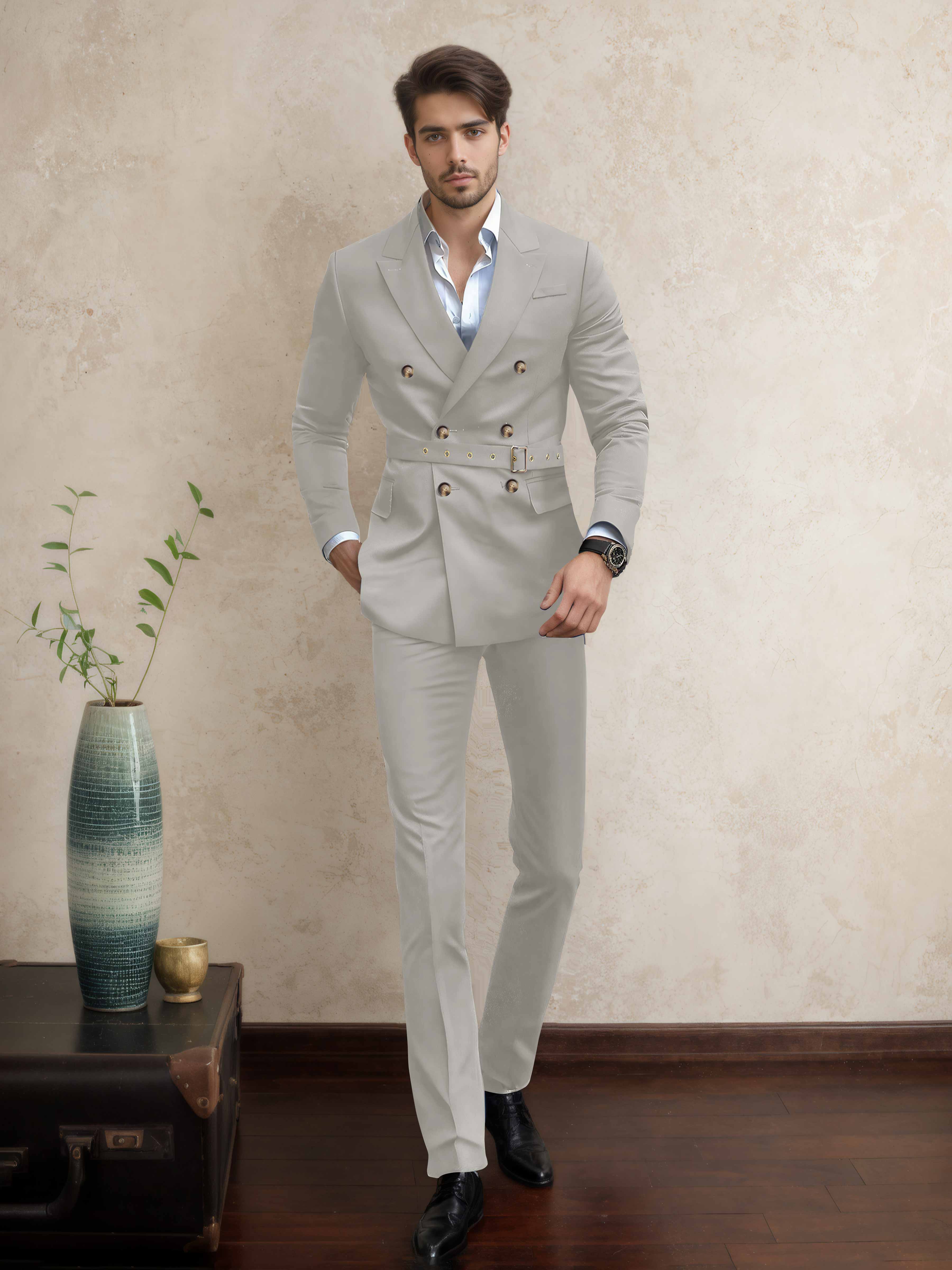 Casual Double Breasted Men's 2 Pieces Peak Lapel Suit with Belt