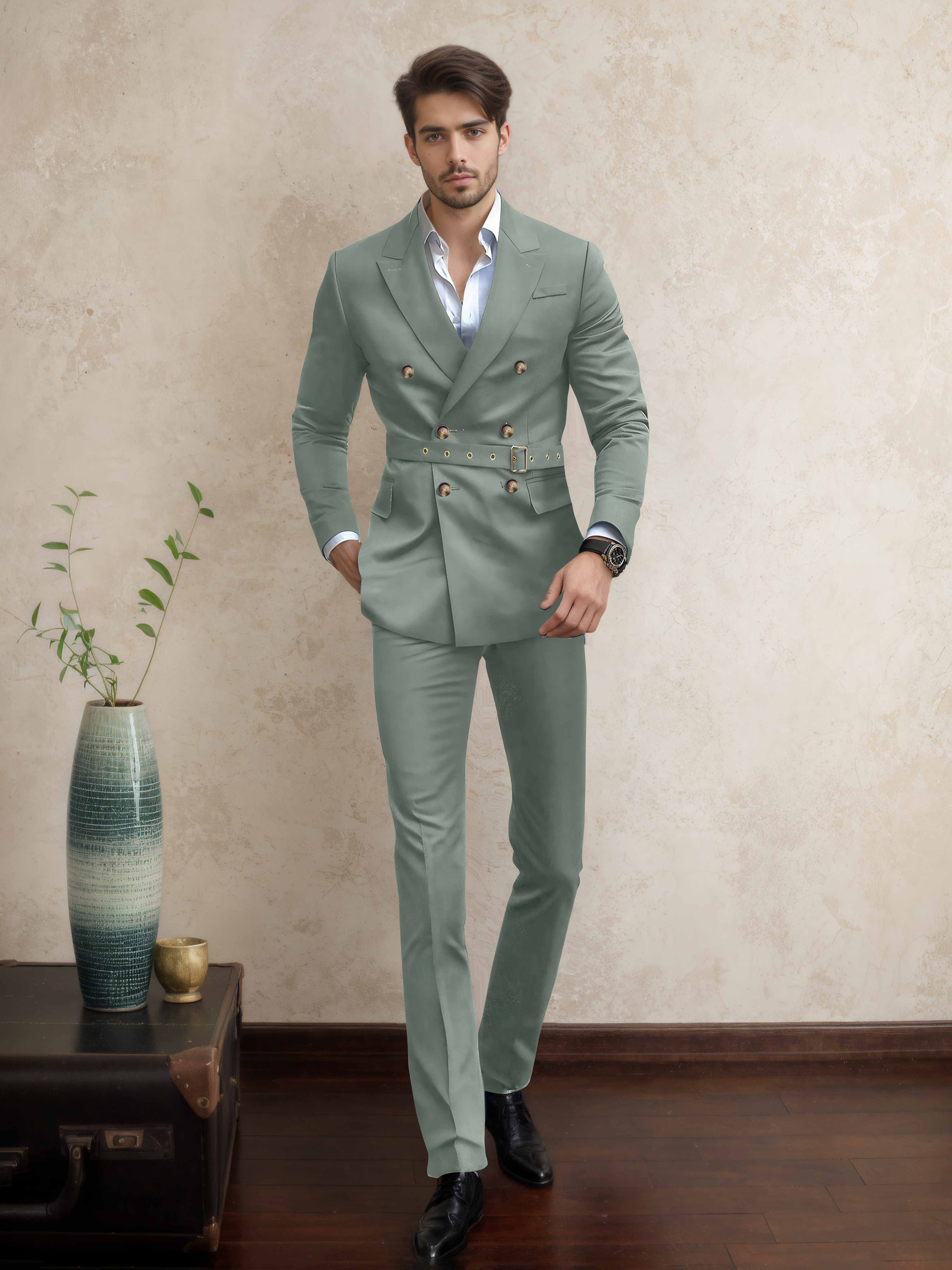 Casual Double Breasted Men's 2 Pieces Peak Lapel Suit with Belt