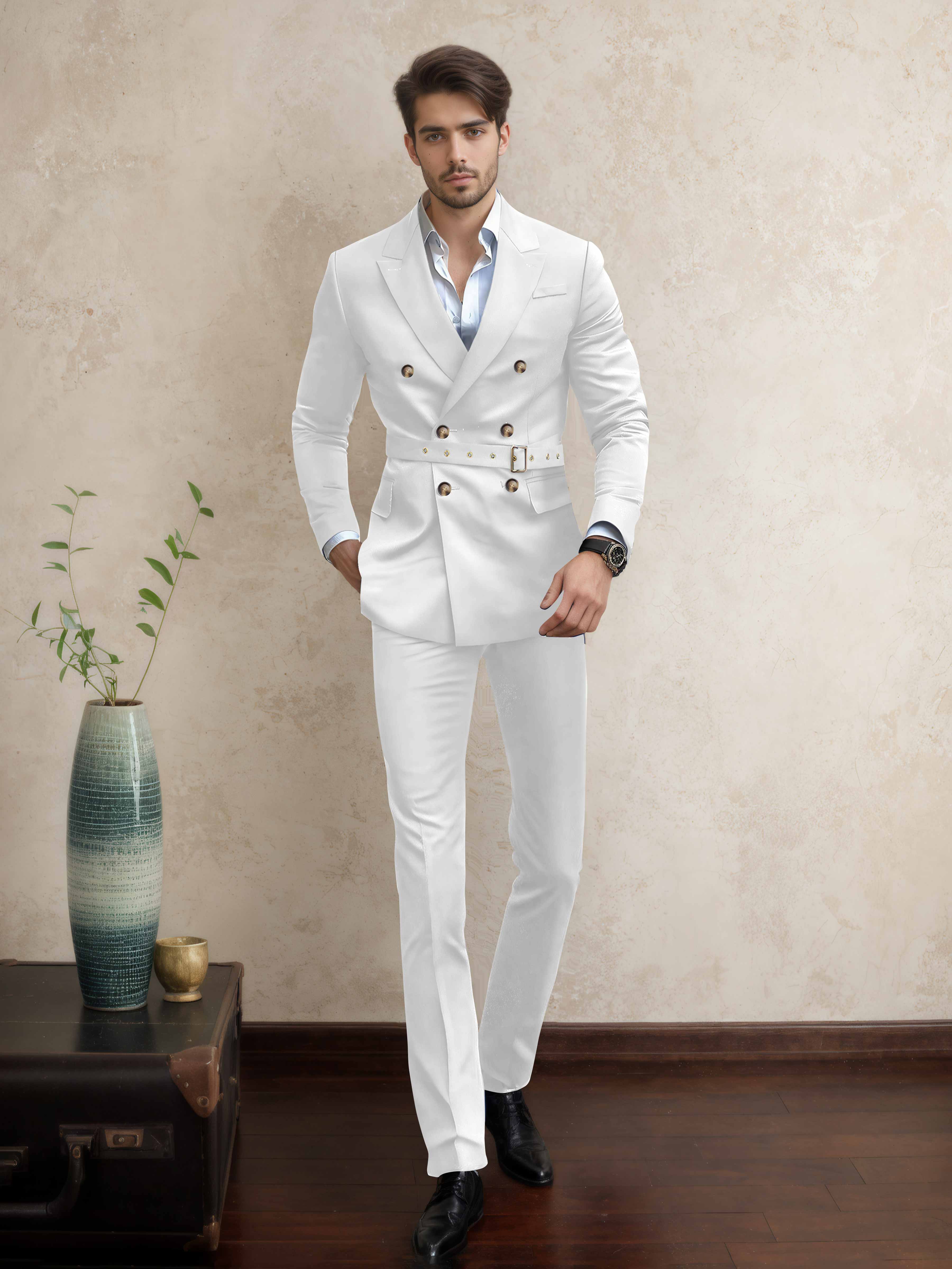 Casual Double Breasted Men's 2 Pieces Peak Lapel Suit with Belt