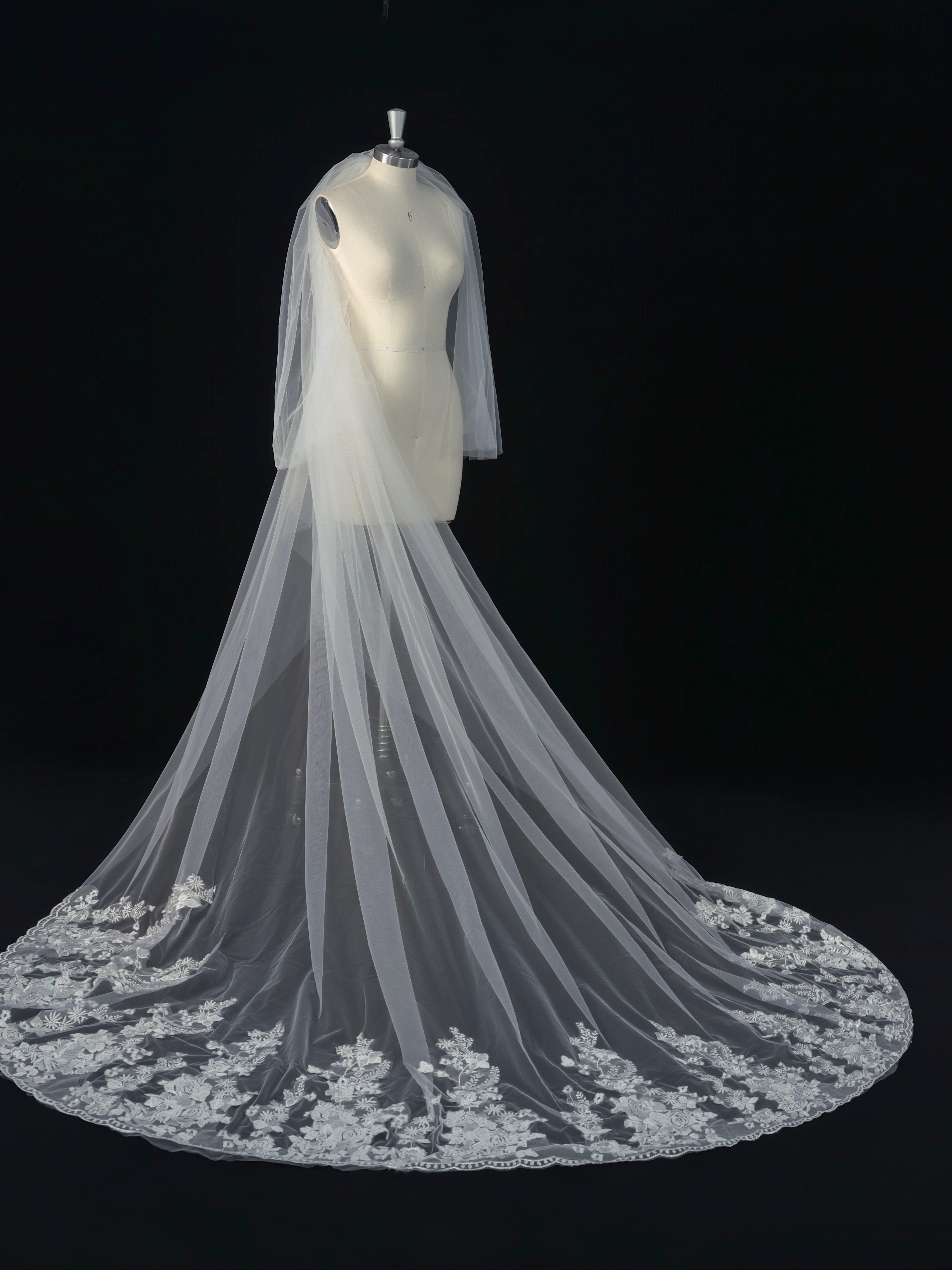 Cathedral Wedding Veil with Floral Lace Edge