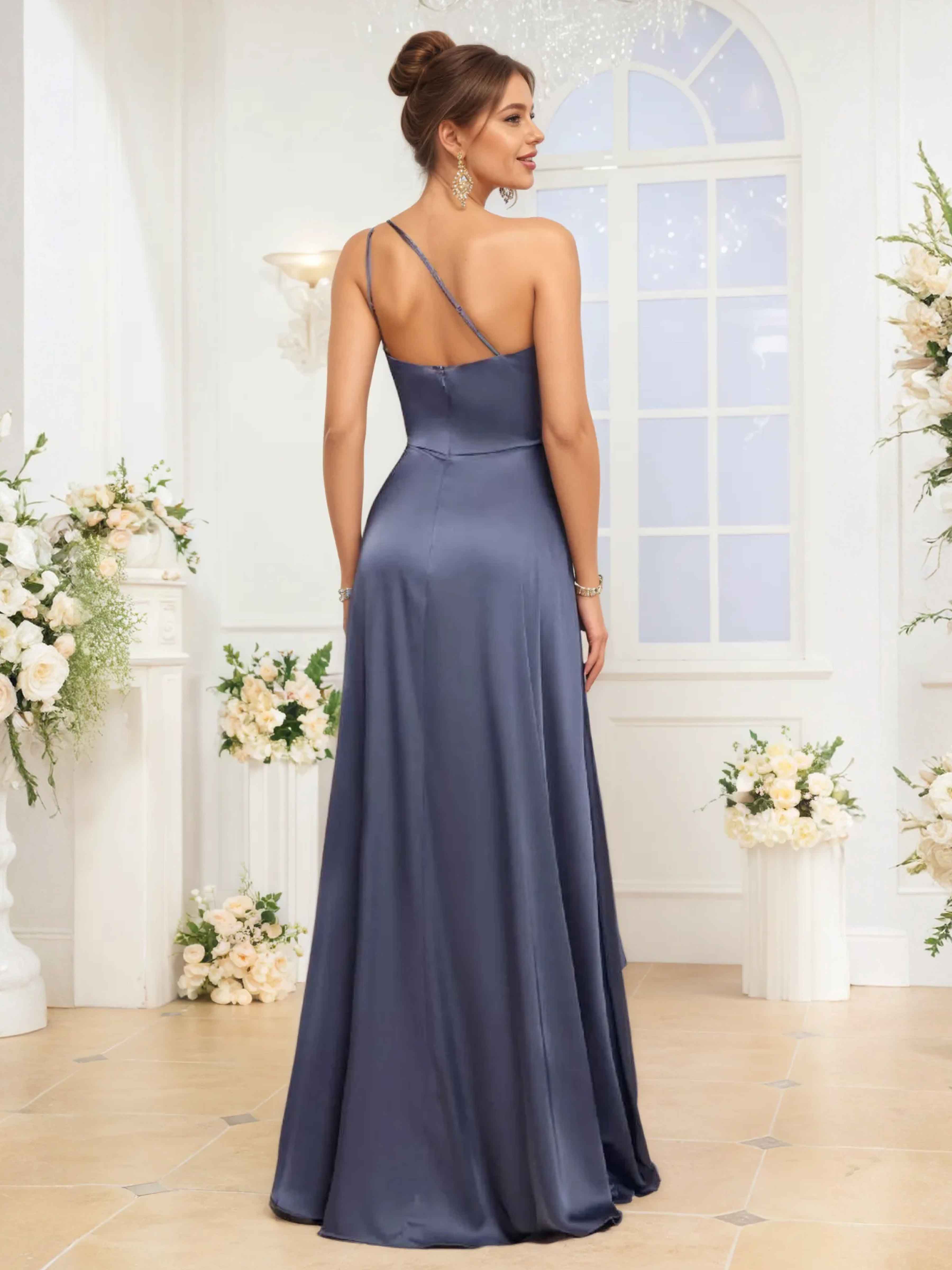 Celandine Trendy One Shoulder Ruched Slit Floor Length Satin Bridesmaid Dresses