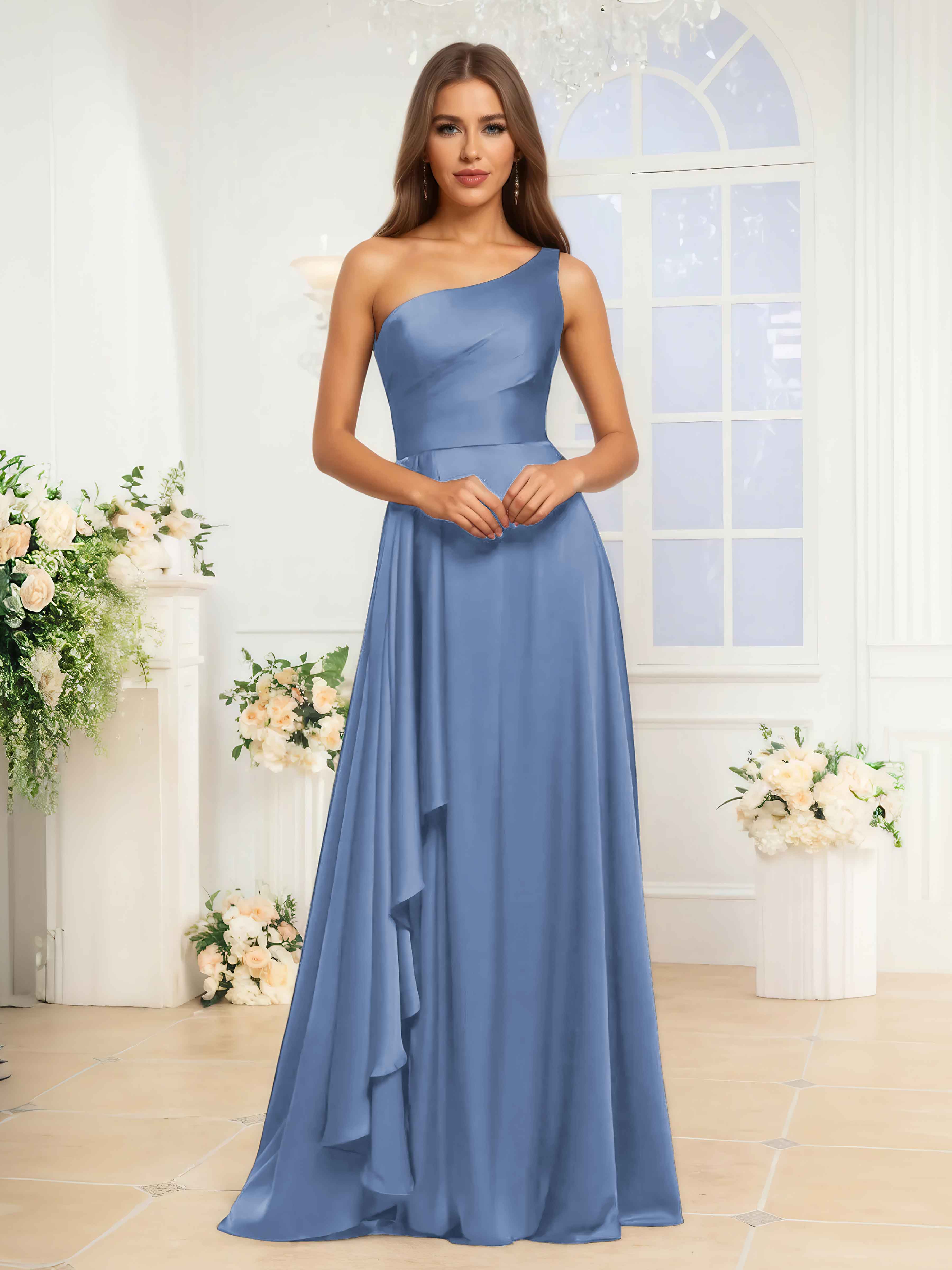 strapless open back dress One Shoulder Ruched Split Satin Prom Dress XF05707 – MISS ORD main image 1