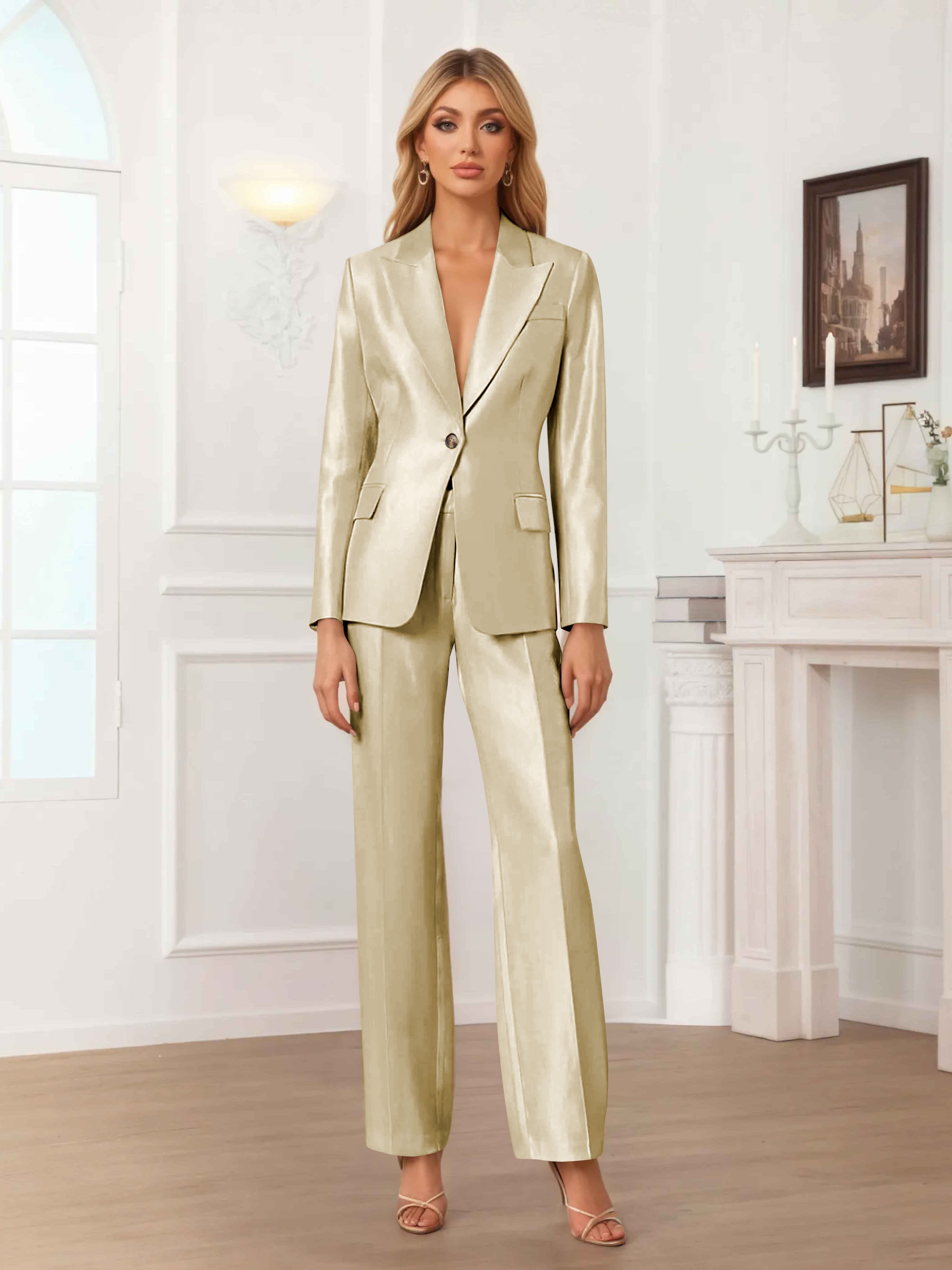 Women's 2 Pieces Peak Lapel One-Button Satin Formal Suit Set