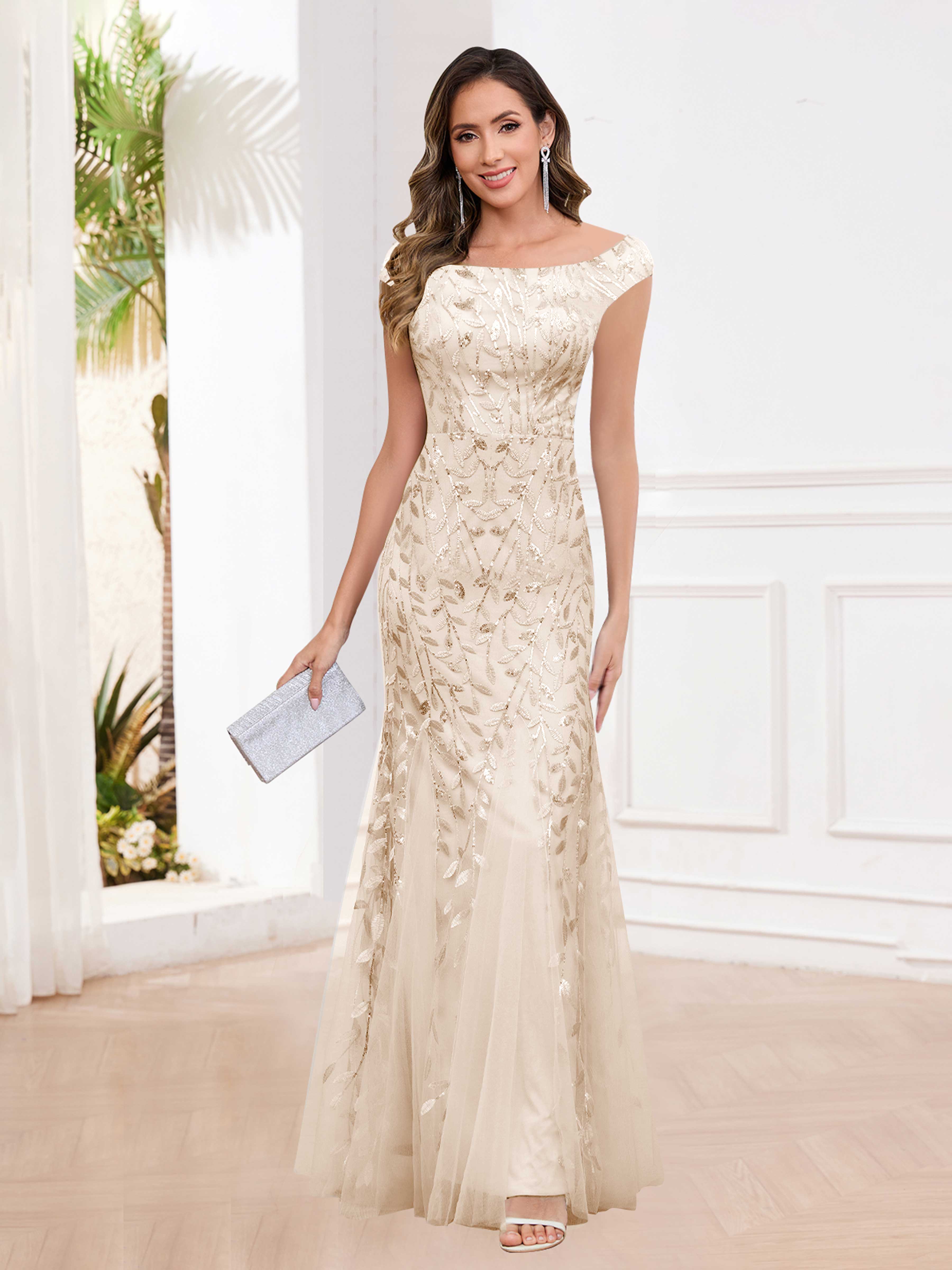Aelindra Modern Sheath Leaf Sequins Long Mother of the Bride & Groom Dresses