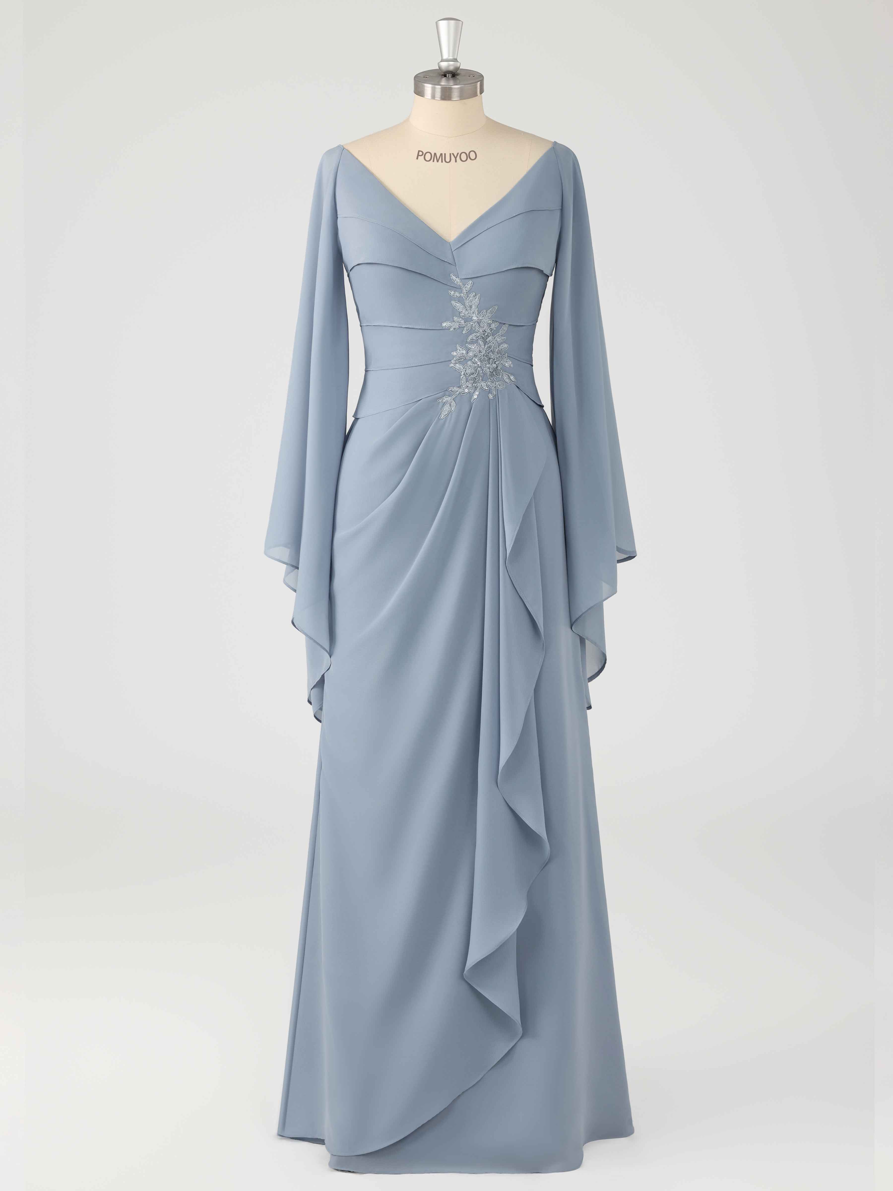 Charming V Neck Split Sleeves Appliques Long Chiffon Mother of the Bride Dresses
