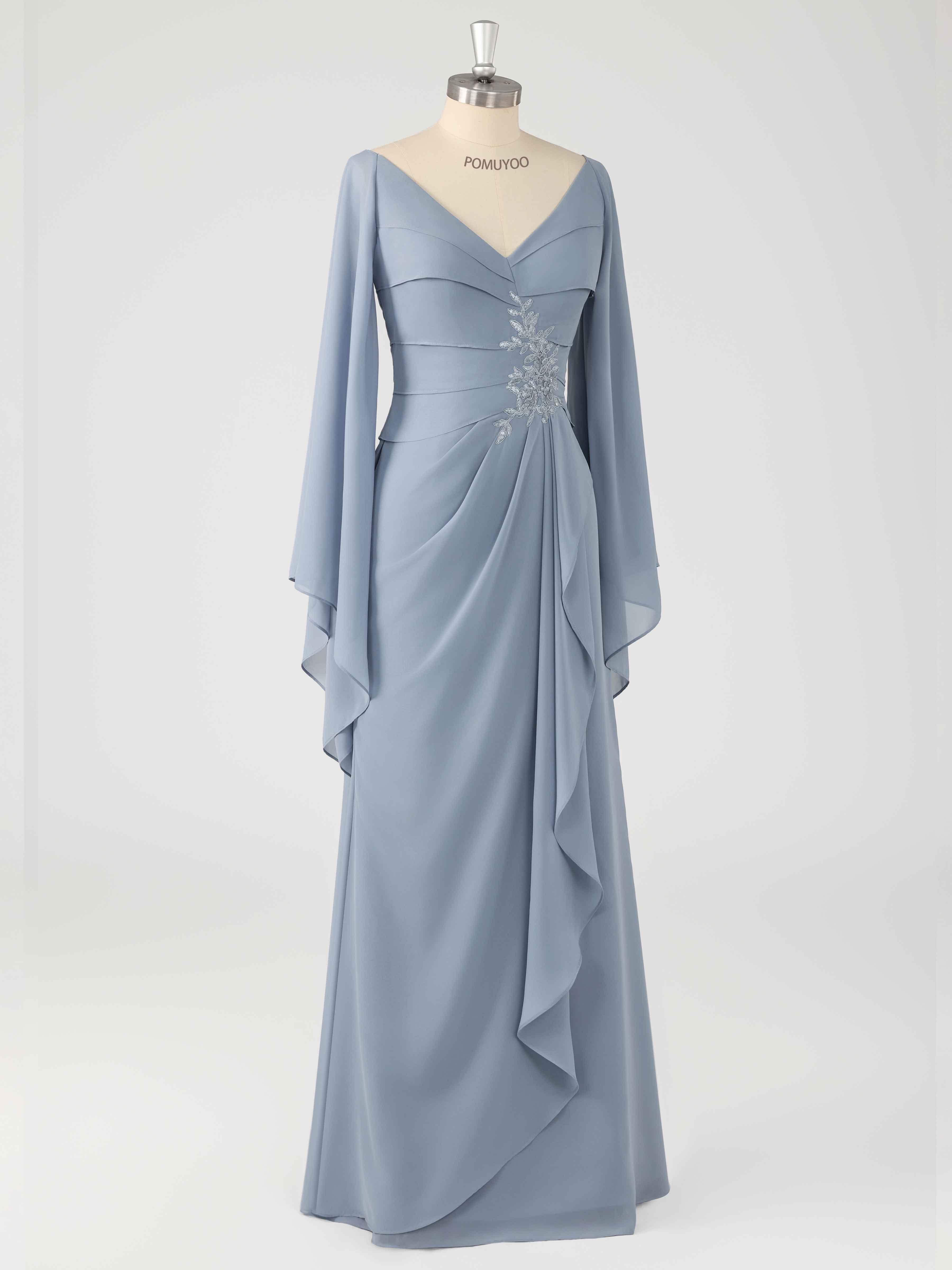 Charming V Neck Split Sleeves Appliques Long Chiffon Mother of the Bride Dresses