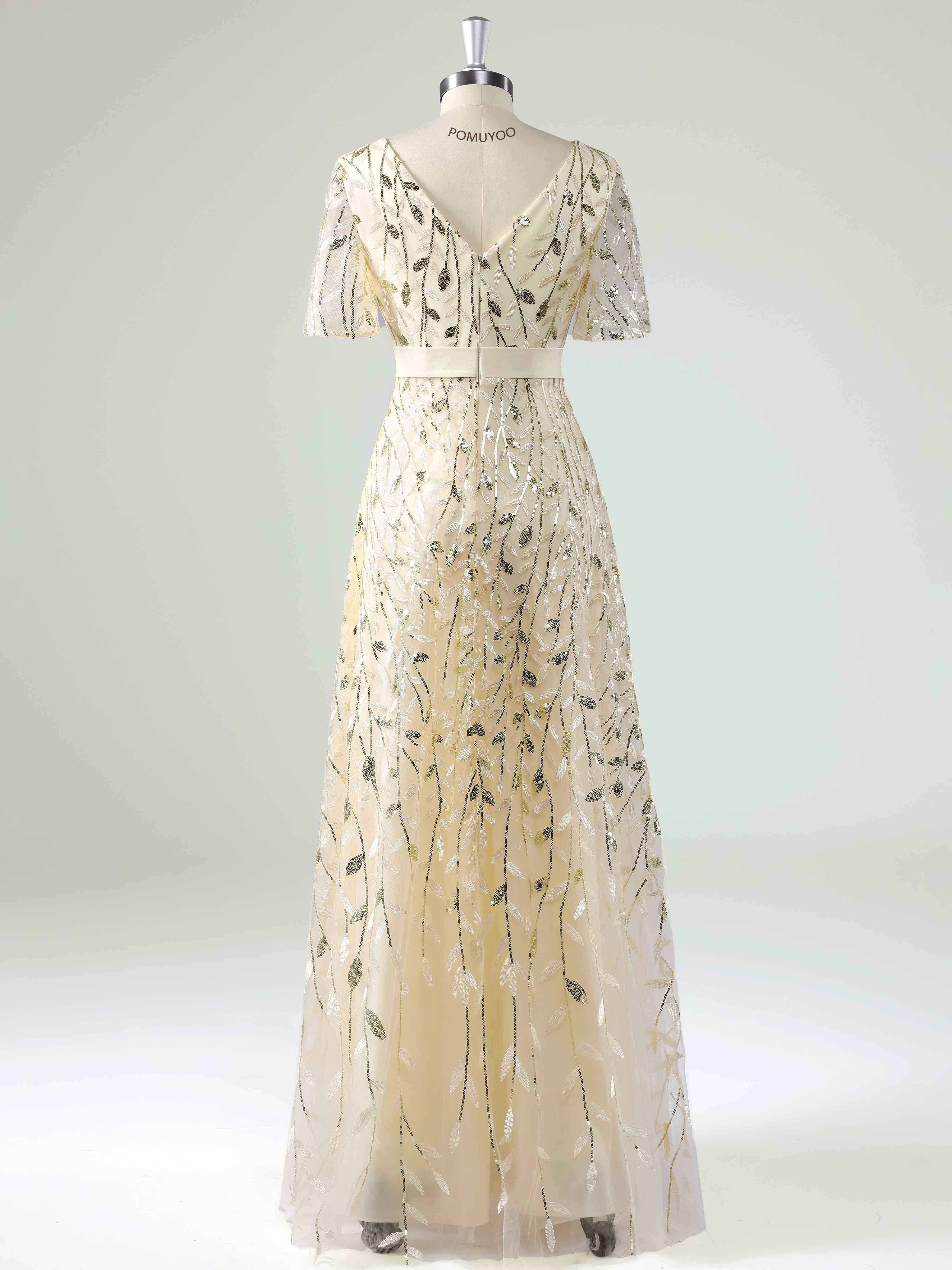 Charming A-Line V Neck Short Sleeves Leaf Sequin Long Mother Of The Bride Dresses